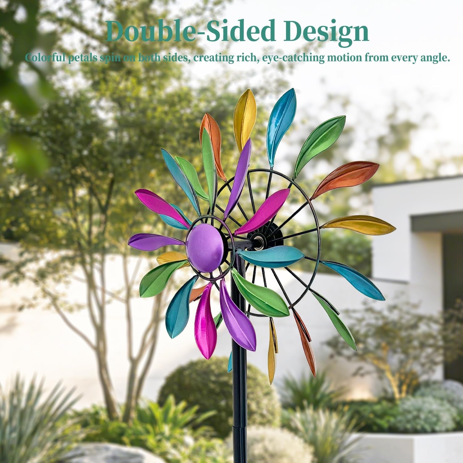 Wind Spinners Outdoor Metal, 360Â° Kinetic Wind Spinner with Stake, Metal Garden Yard Patio Lawn Windmill Decor (12.6" Dia, 56.7" H, Rainbow Petal)