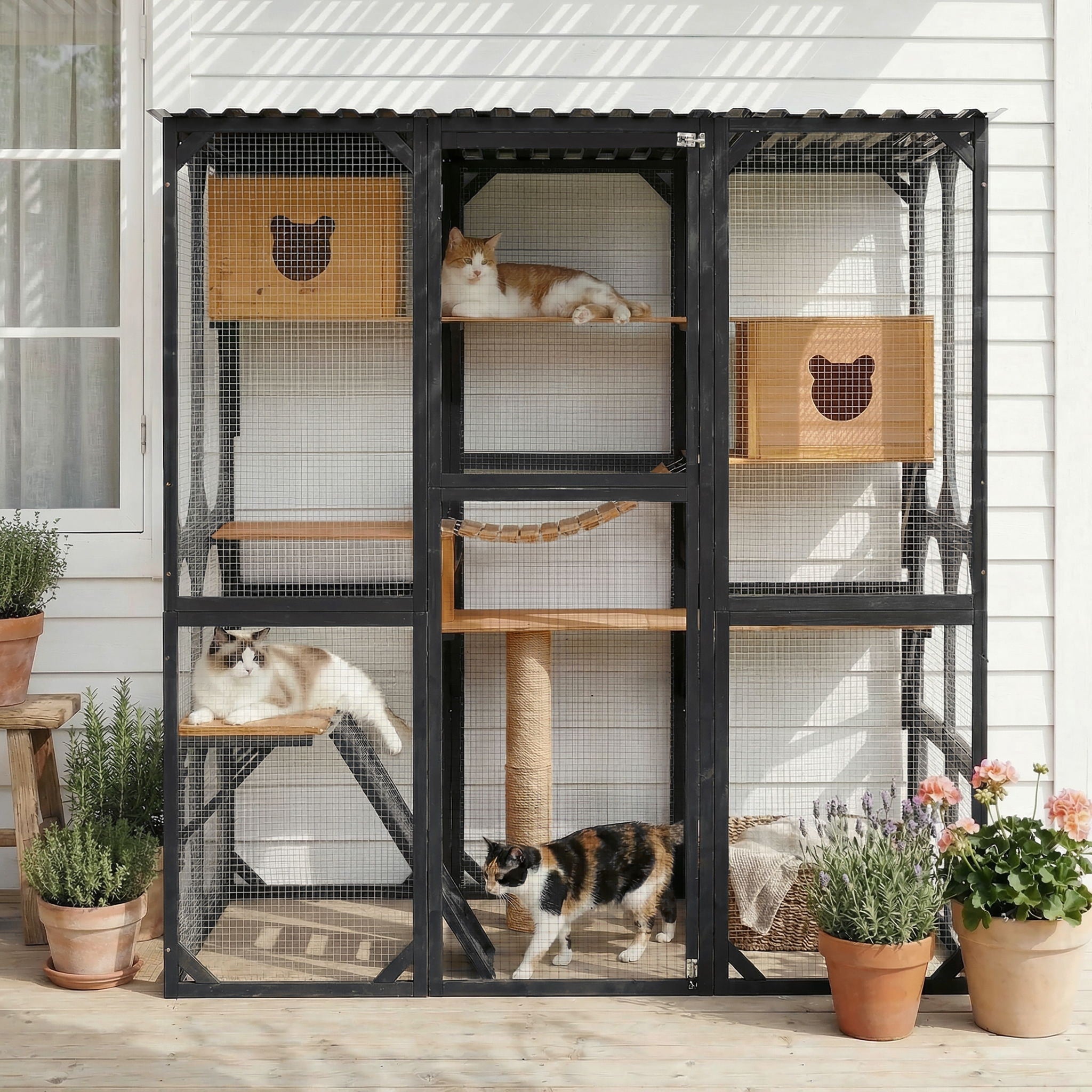 Outdoor Cat Enclosure With Sleeping Houses, Jumping Platforms, & Scratching Post