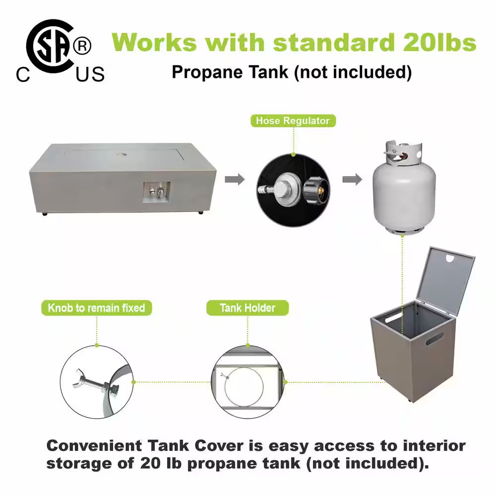 50000 BTU Coating Steel Propane Fire Pit Table in Gray Rectangular Modern Outdoor Gas Fire Table with Tank Holder