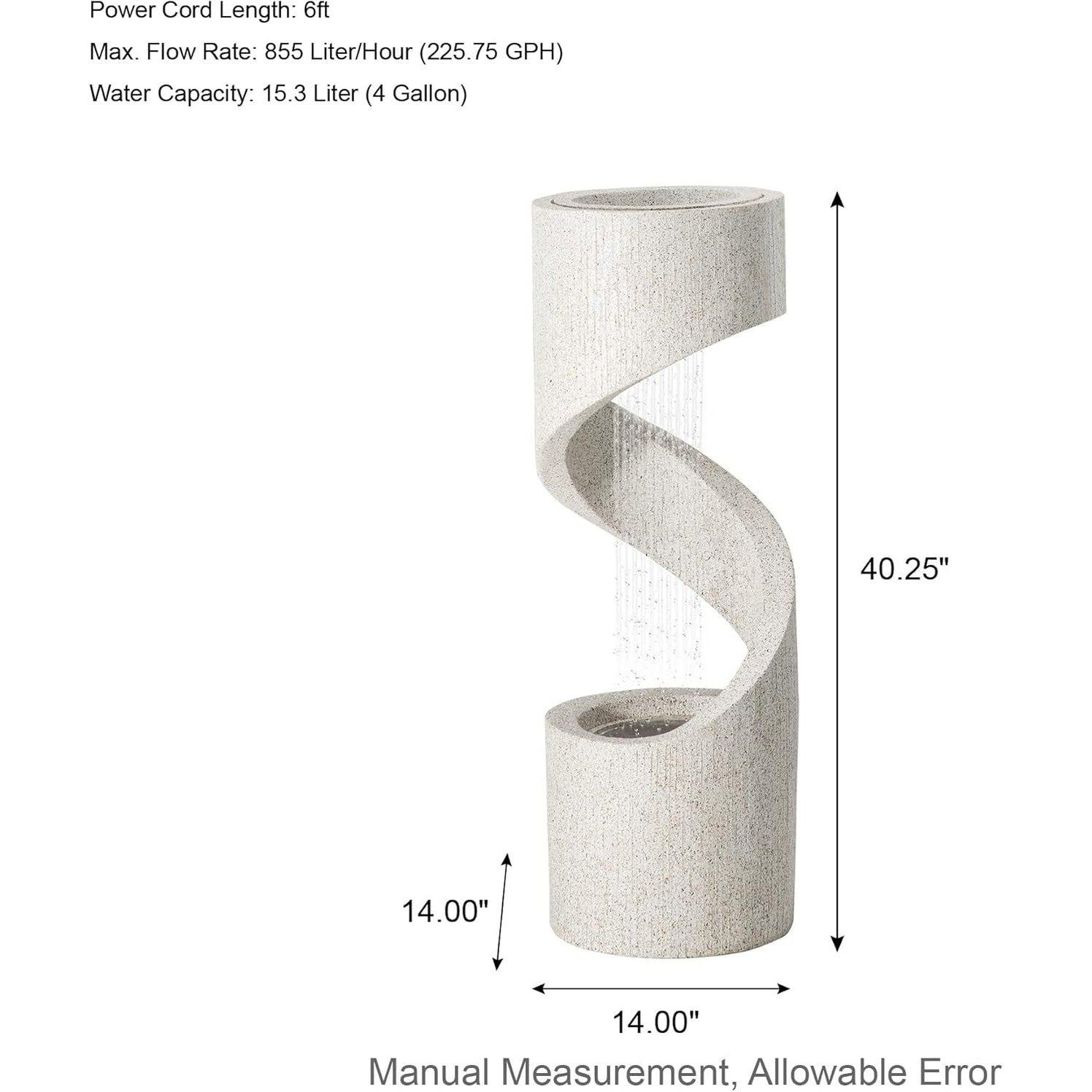 Outdoor Water Fountain with LED Light, Modren Curved Waterfall Fountain with Stone Planter, Faux Terrazzo Spiral Shaped Outdoor Fountains Water Feature for Garden Patio Deck Porch, 40.25â€H