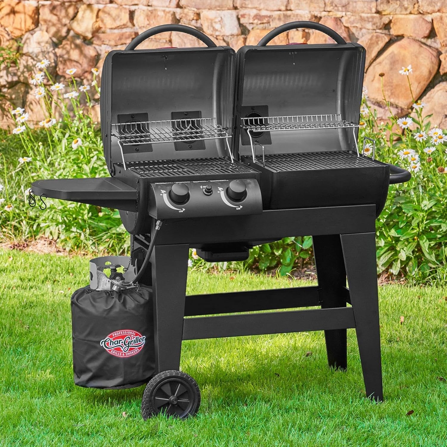 Char-Griller ® Dual-Function 2-Burner 24,000 BTU Propane Gas and Charcoal Combination Grill and Smoker with 870 Cooking Square Inches in Black, Model E5030