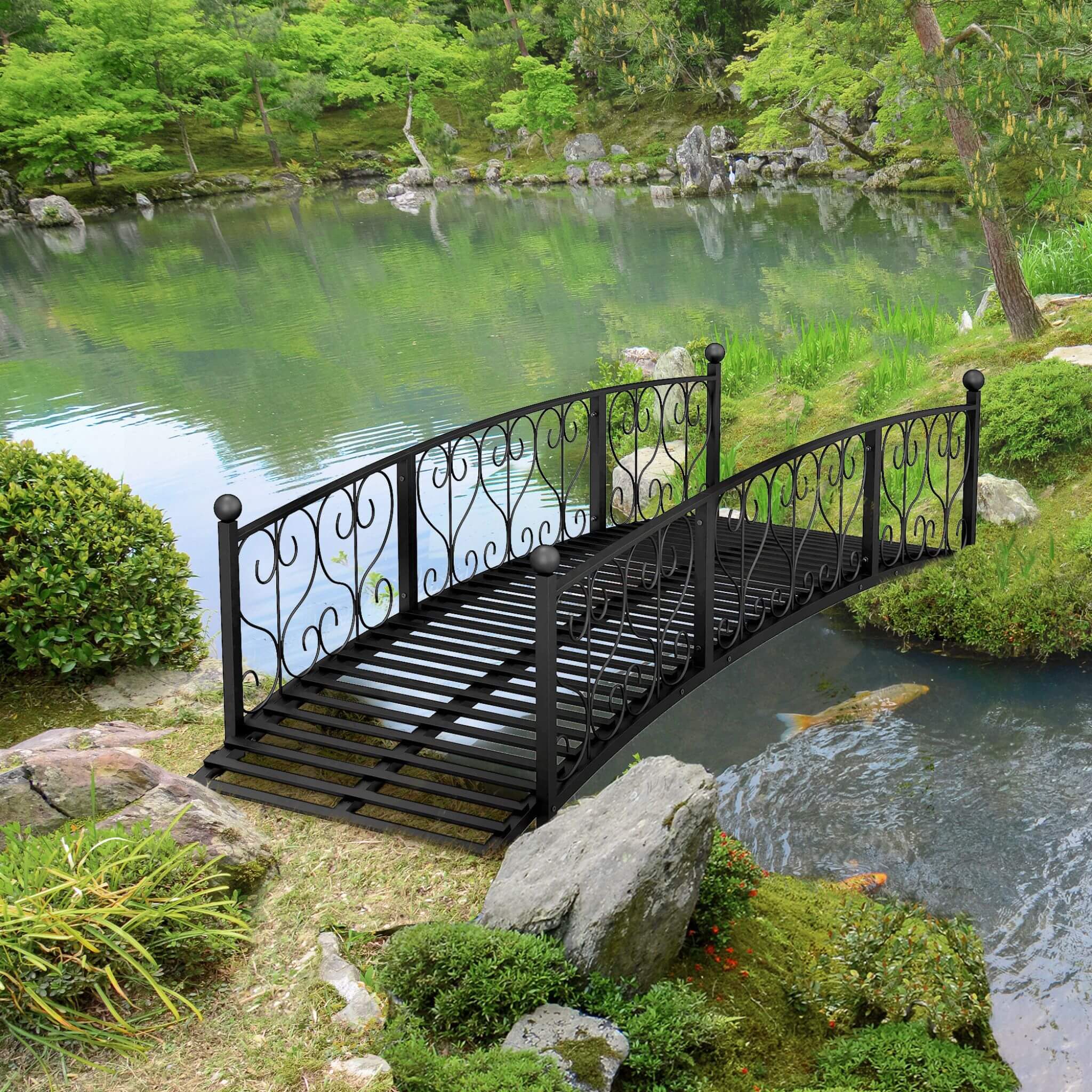7 FT Decorative Metal Arch Footbridge - Garden Bridge with Safety Siderails