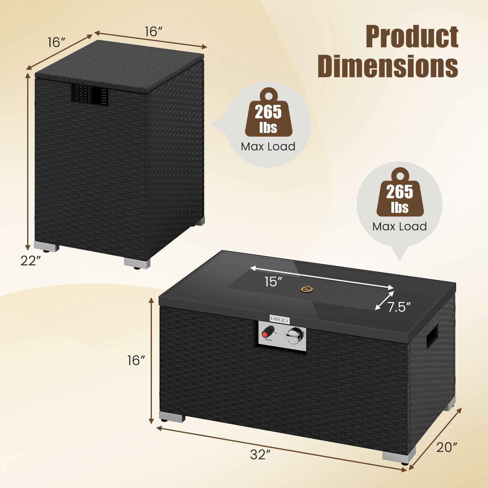 2-Piece Outdoor Rattan Fire Table Set - 32 Inch Rectangle Gas Firepit with Tank Cover - 3 colors