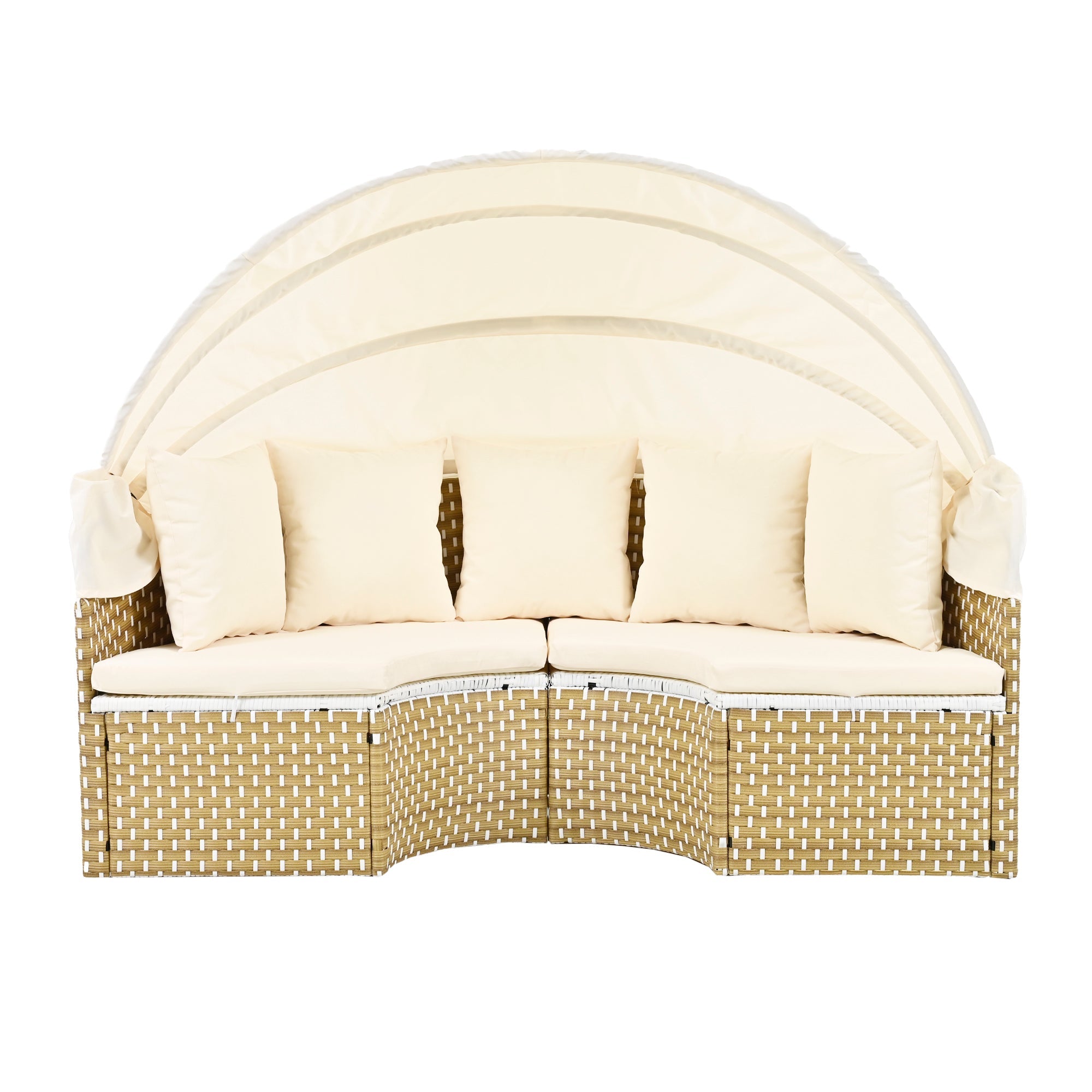 Outdoor Patio Round Rattan Daybed Sectional Beige Retractable Canopy