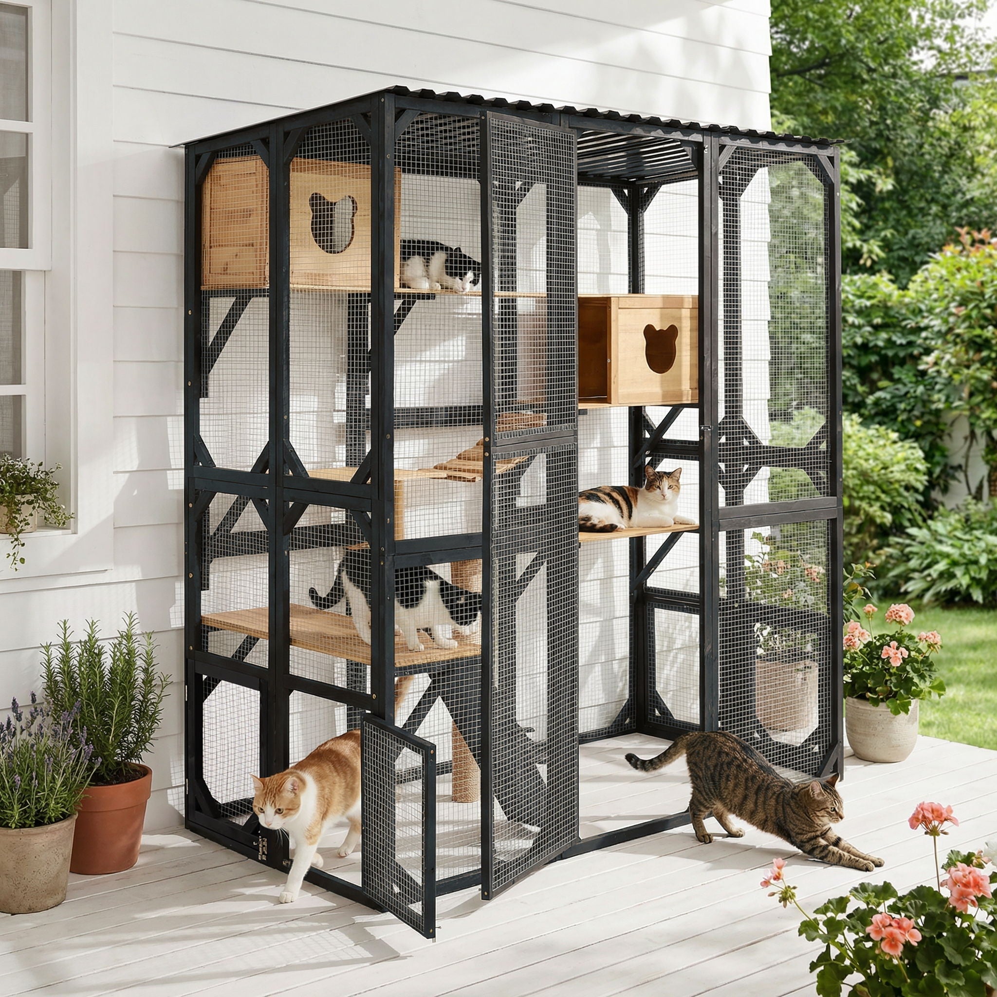 Outdoor Cat Enclosure With Sleeping Houses, Jumping Platforms, & Scratching Post