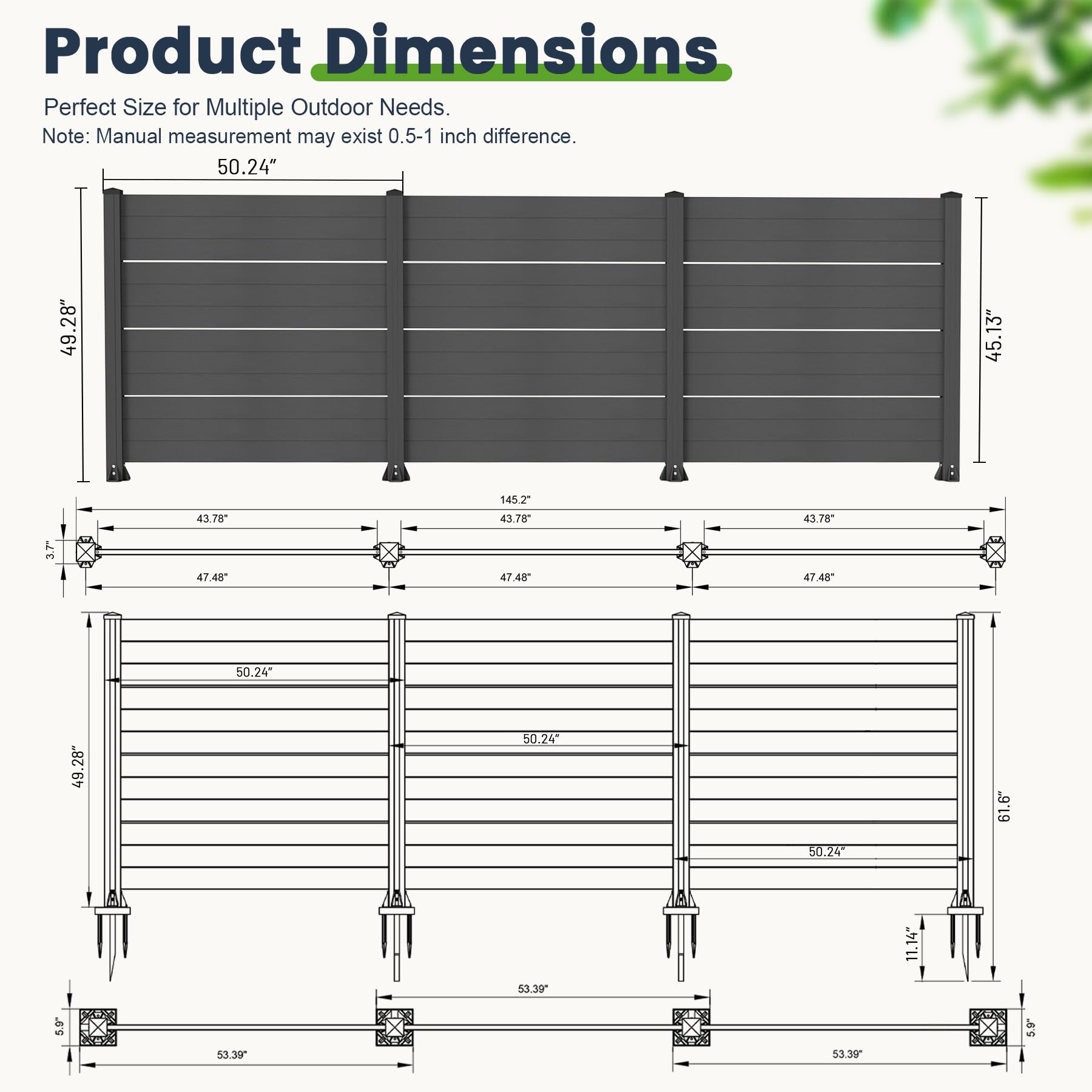 50" W x 49" H Outdoor Privacy Screen with Aluminum Posts