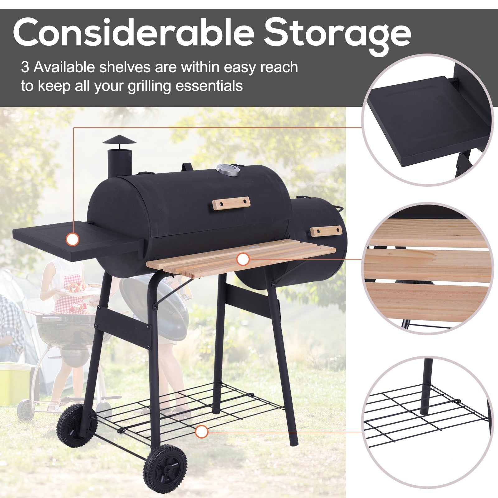 48" Steel Portable Backyard Charcoal BBQ Grill and Offset Smoker Combo
