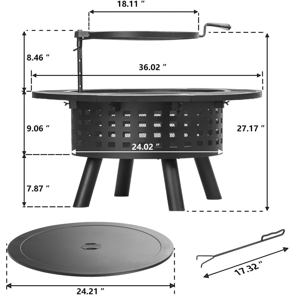 36 Inch Outdoor Fire Pit with Grill,Wood Burning Firepits for outside with Lid & Fire Poker,Metal 3-In-1 Fire Pit Table with Cooking Grate,Outdoor Fireplaces for Bonfire,Yard,Bbqï¼ˆJet Blackï¼‰