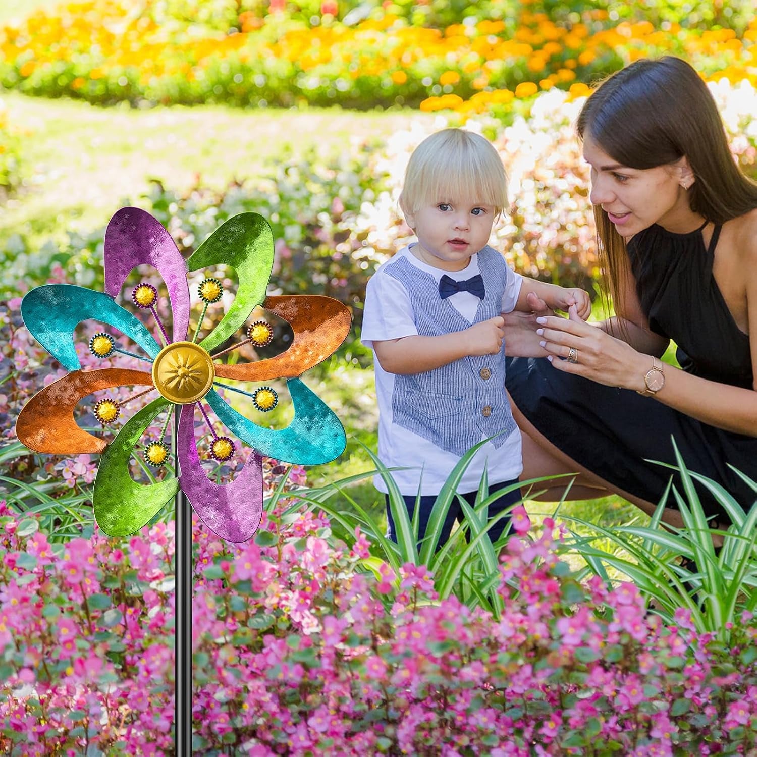 Metal Wind Spinners Outdoor, 360Â° Wind Sculpture Spinner with Metal Stake, Waterproof Spinners Green Kinetic Wind Spinner for Yard Lawn Decor (A- Colourful 1PC)