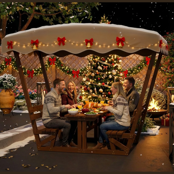 Outdoor Waterproof Solid Wood Picnic Table and Bench Set with Removable Canopy