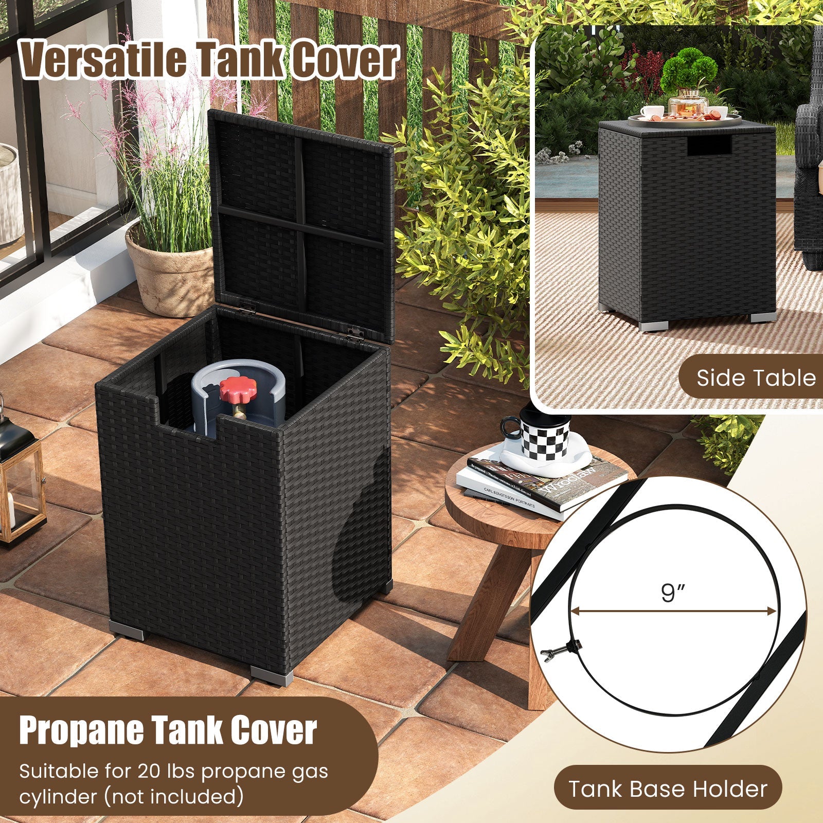 2-Piece Outdoor Rattan Fire Table Set - 32 Inch Rectangle Gas Firepit with Tank Cover - 3 colors