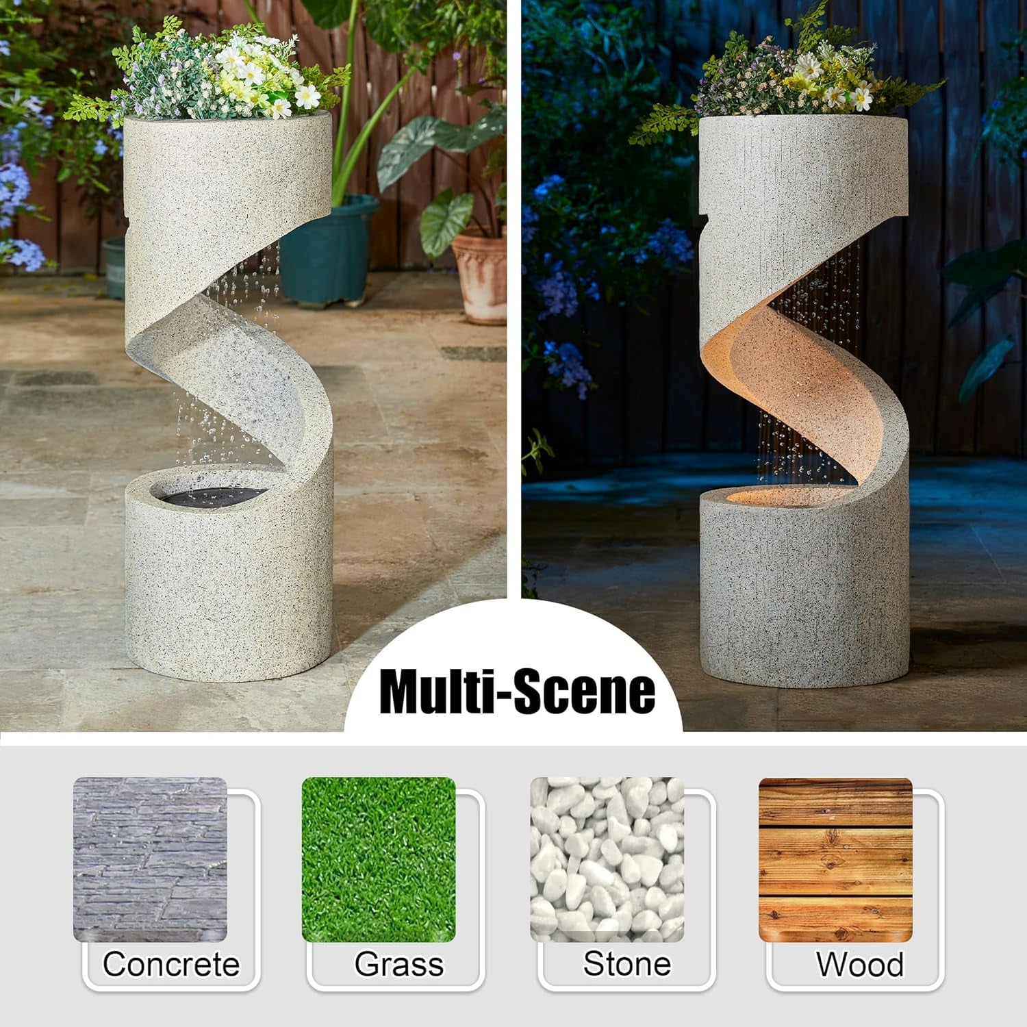 Outdoor Water Fountain with LED Light, Decorative Tiered Curved Waterfall Fountain with Stone Planter, Faux Terrazzo Spiral Shaped Outdoor Fountains for Garden Deck Patio Porch, 31.25â€H