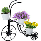 Bicycle Planter Stand, Metal Flower Pot Cart Holder Tricycle Planter with 3 Plant Bucket Outdoor Decorative for Patio, Deck, Garden or Lawn