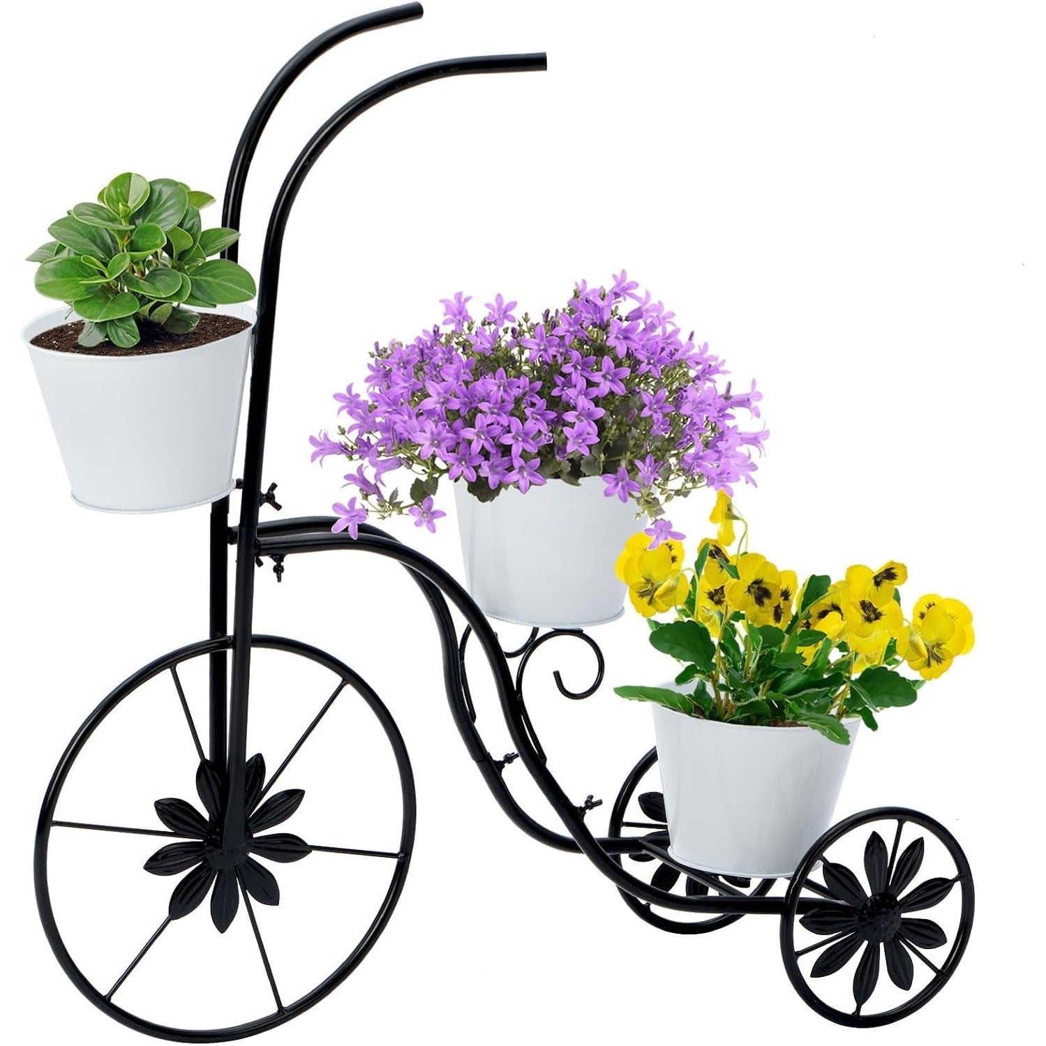 Bicycle Planter Stand, Metal Flower Pot Cart Holder Tricycle Planter with 3 Plant Bucket Outdoor Decorative for Patio, Deck, Garden or Lawn