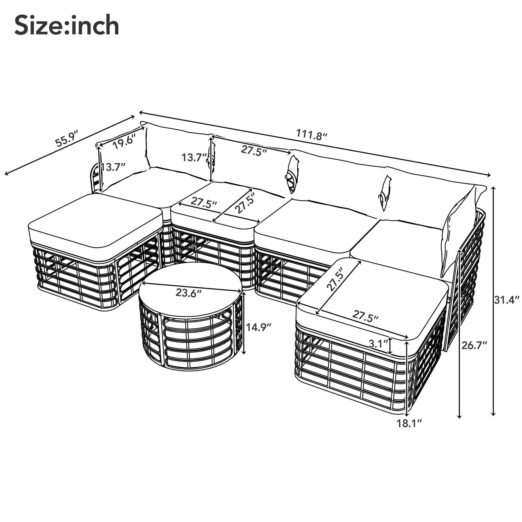 7 Pieces Outdoor Patio Furniture, All-Weather Rattan Sectional Sofa Set with table