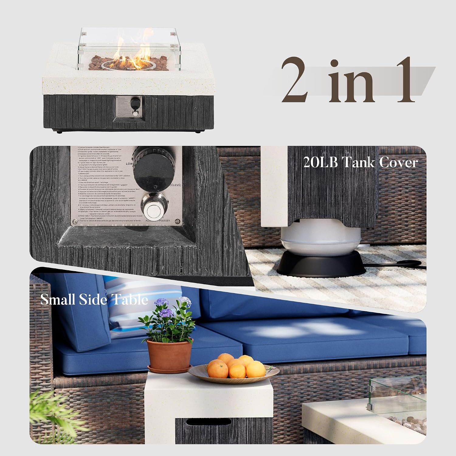 35" Outdoor Propane Fire Pit Table W Tank Cover & Wind Guard, Square Gas Fire Pit Table with Concrete & Wood Grain Design, 50000BTU Fire Tables for Patio, Backyard, Garden