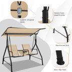 2-Seat Outdoor Cushioned Porch Swing with Adjustable Canopy and Tempered Glass Table