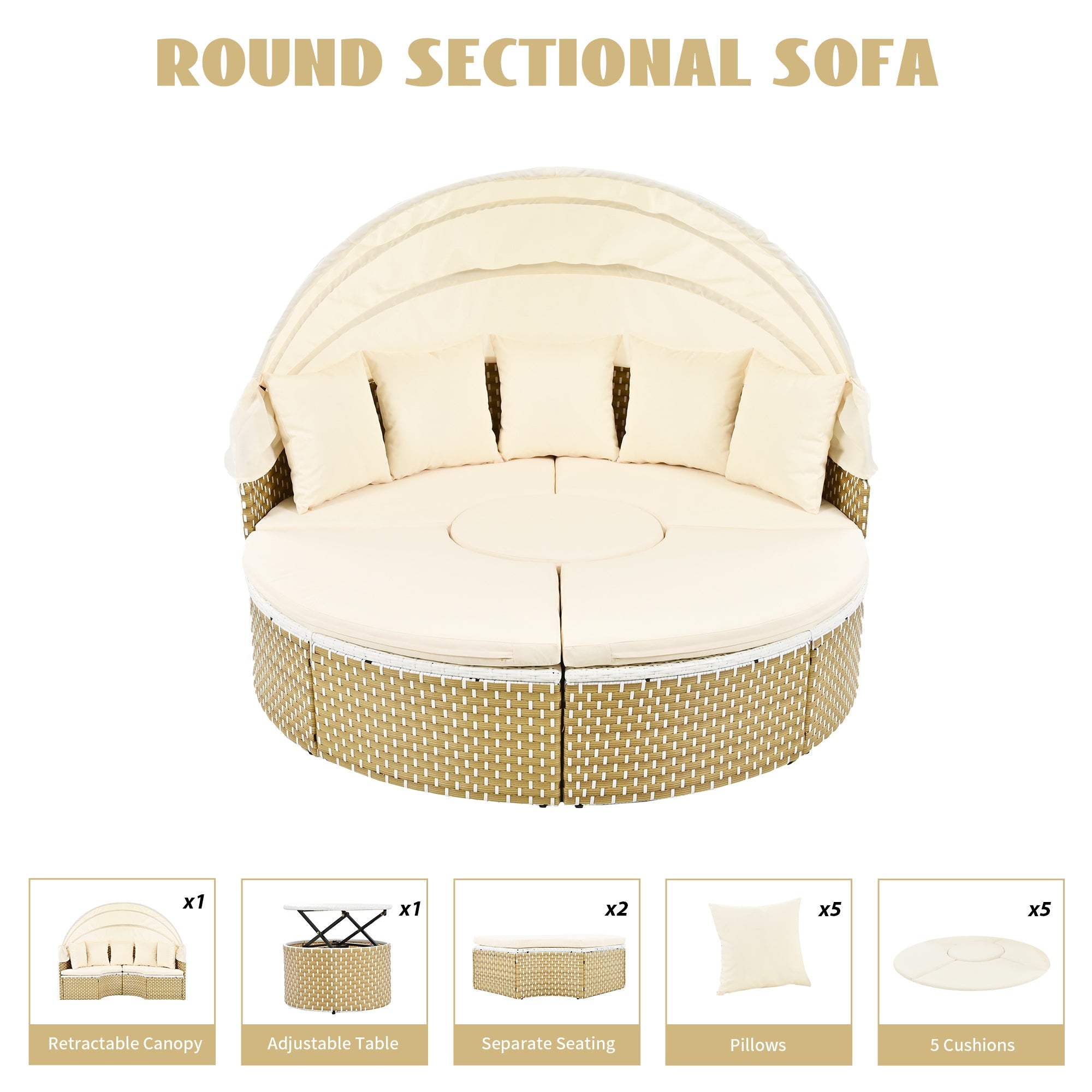 Outdoor Patio Round Rattan Daybed Sectional Beige Retractable Canopy