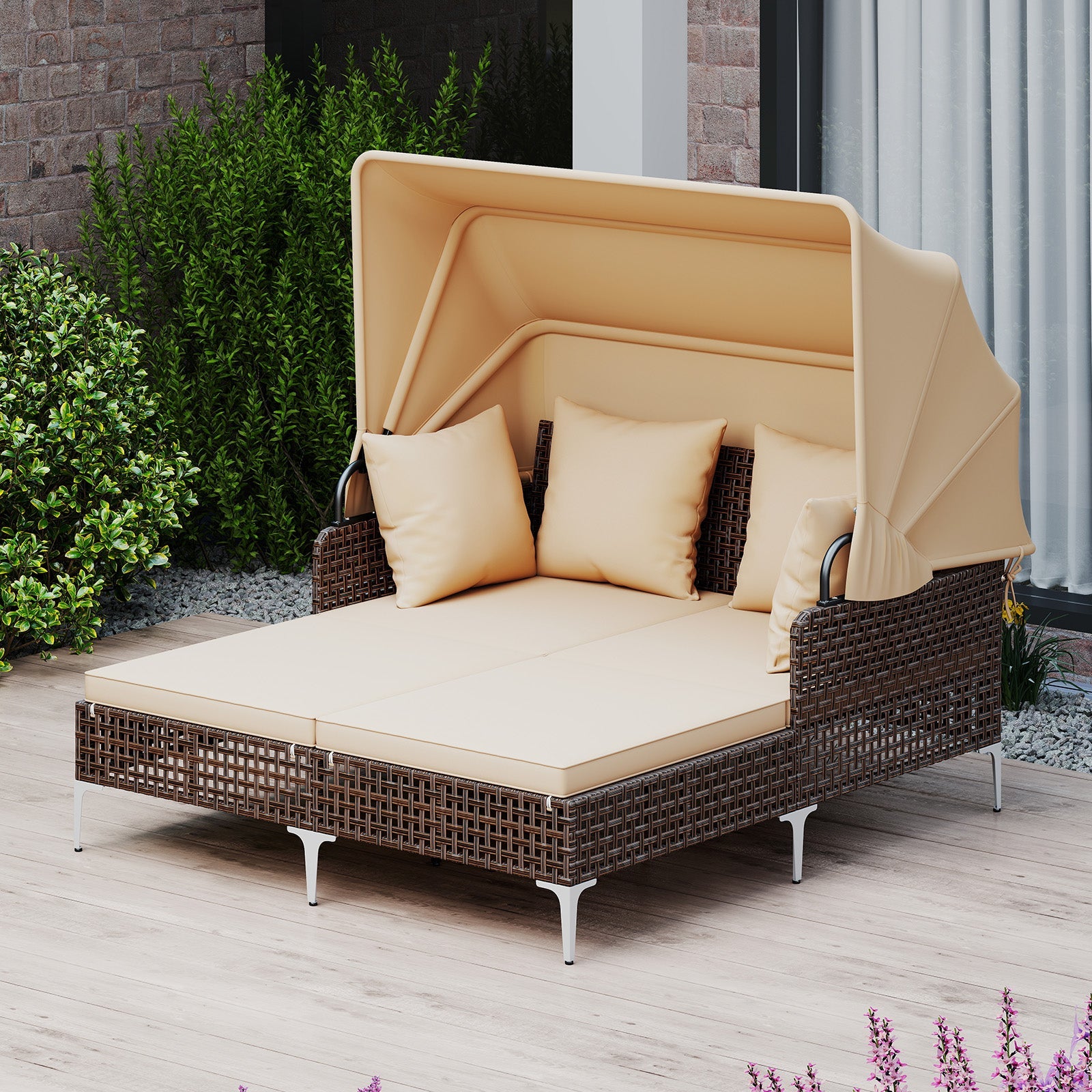 Outdoor Daybed with Retractable Canopy - Wicker Rattan Patio Lounger