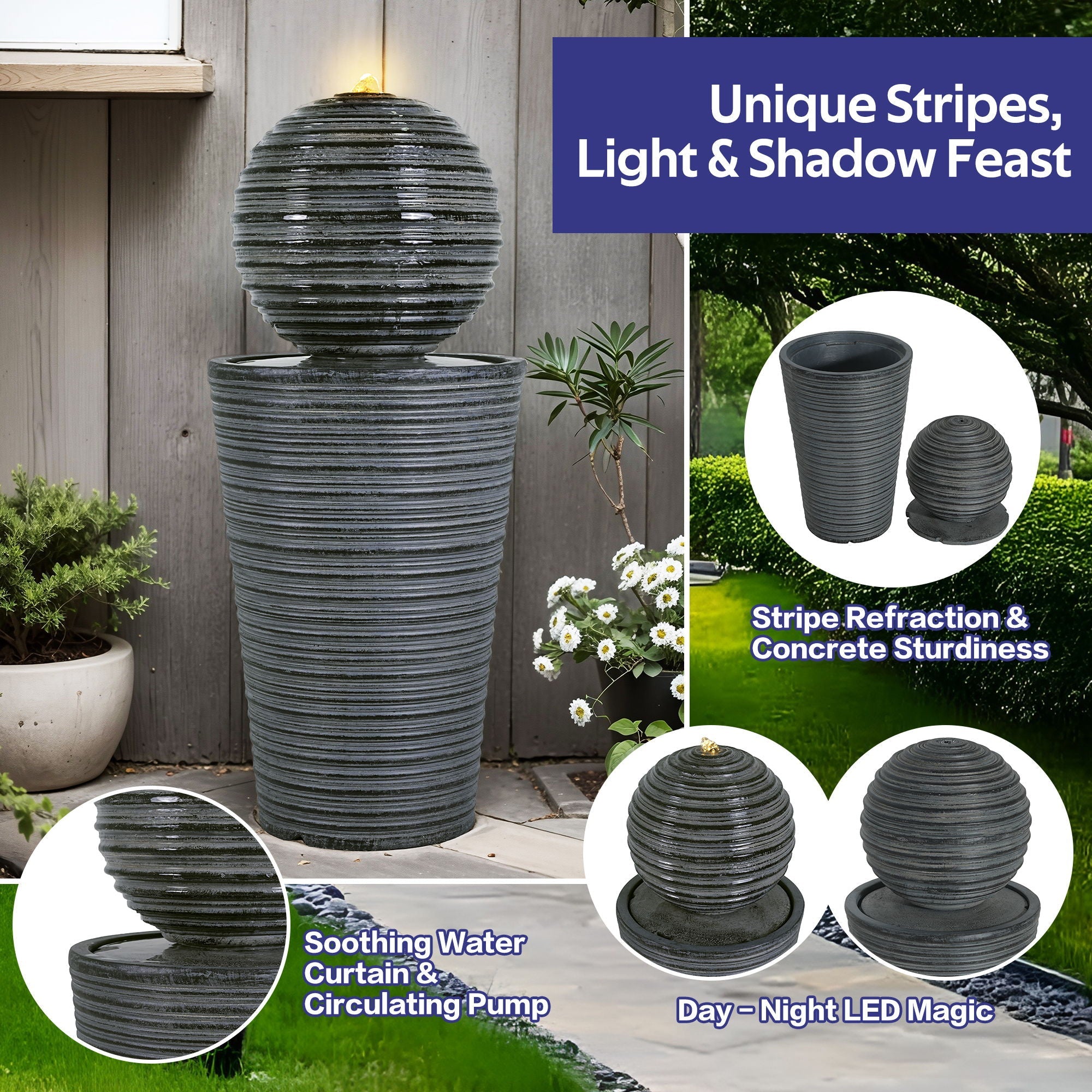 31.5" Tall Striped Column Fountain With LED Light - Designed For Outdoor Spaces - Gray