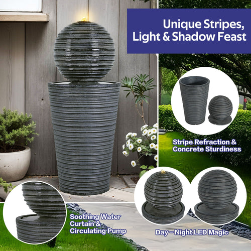 31.5" Tall Striped Column Fountain With LED Light - Designed For Outdoor Spaces - Gray