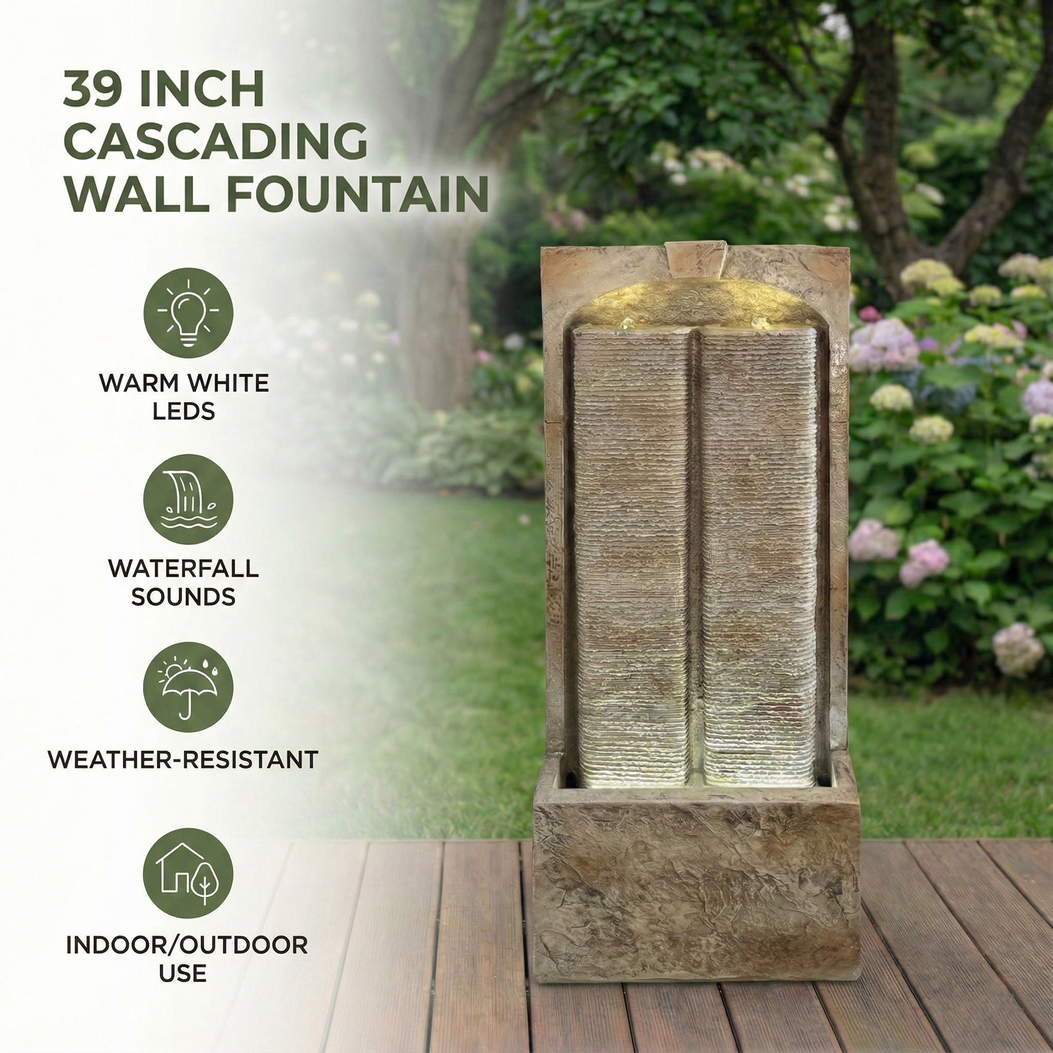 39 Inch Outdoor Water Fountain with Pump and LED Lights