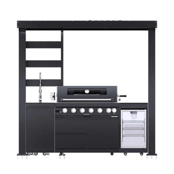 Astoria 94-Inch 6-Burner 85K BTU Outdoor Kitchen Grill Island With Wine Cooler, Rotisserie, Cabinets, And Granite Countertops