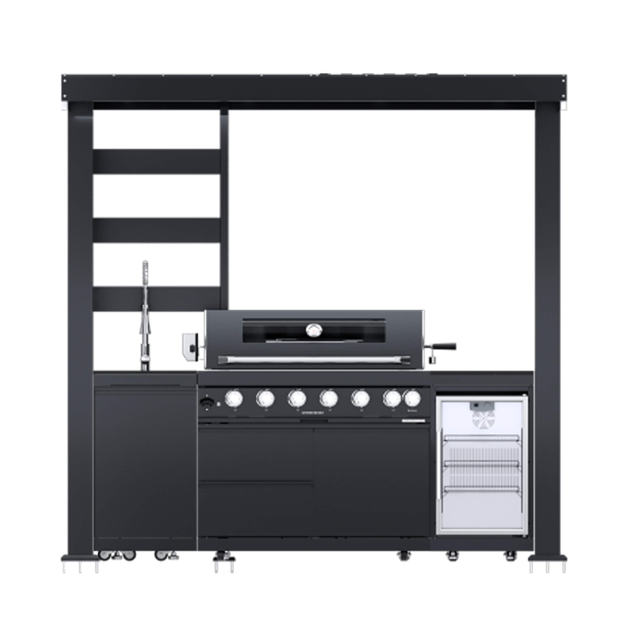Astoria 94-Inch 6-Burner 85K BTU Outdoor Kitchen Grill Island With Wine Cooler, Rotisserie, Cabinets, And Granite Countertops