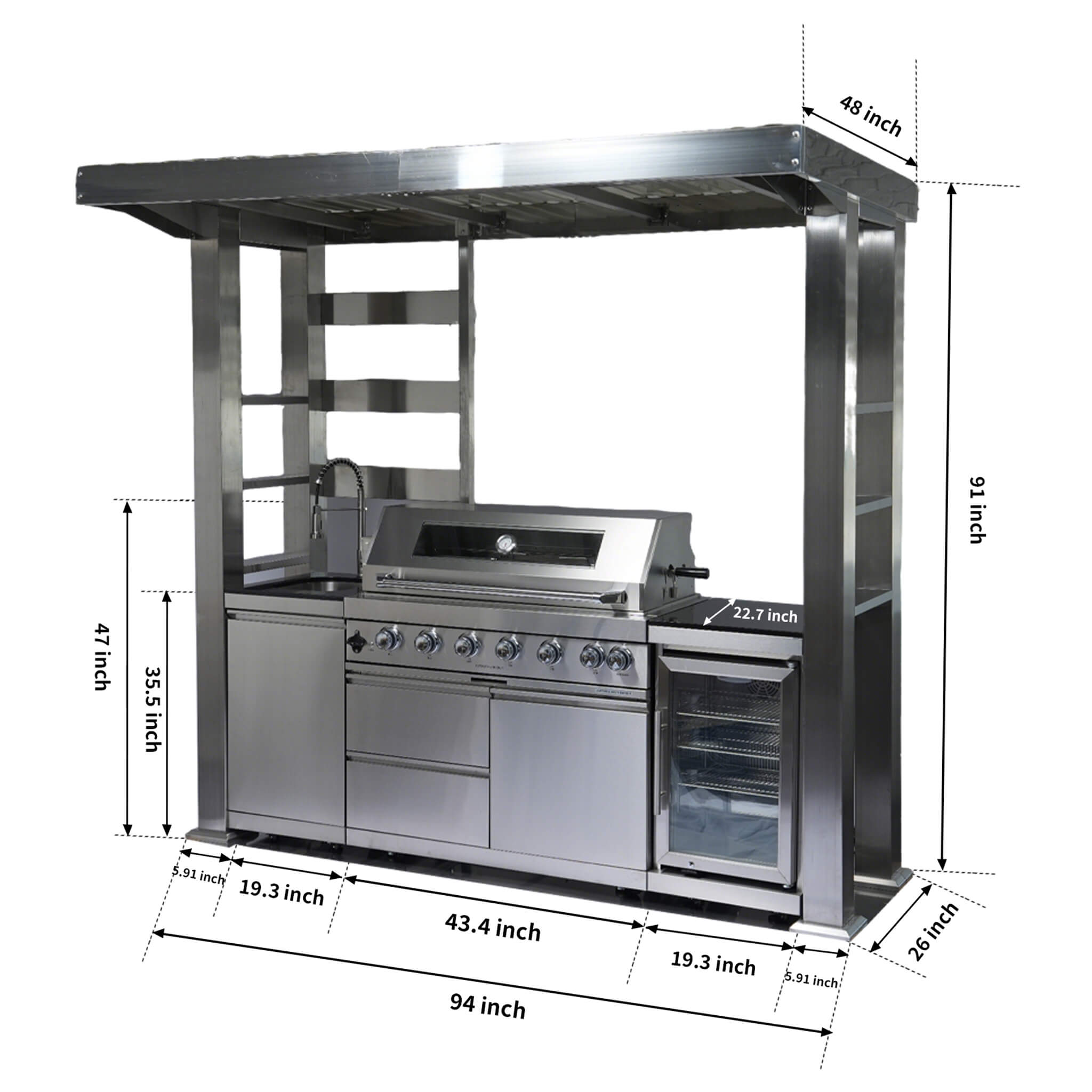 Astoria 94-Inch 6-Burner 85K BTU Outdoor Kitchen Grill Island With Wine Cooler, Rotisserie, Cabinets, And Granite Countertops