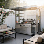 Astoria 94-Inch 6-Burner 85K BTU Outdoor Kitchen Grill Island With Wine Cooler, Rotisserie, Cabinets, And Granite Countertops