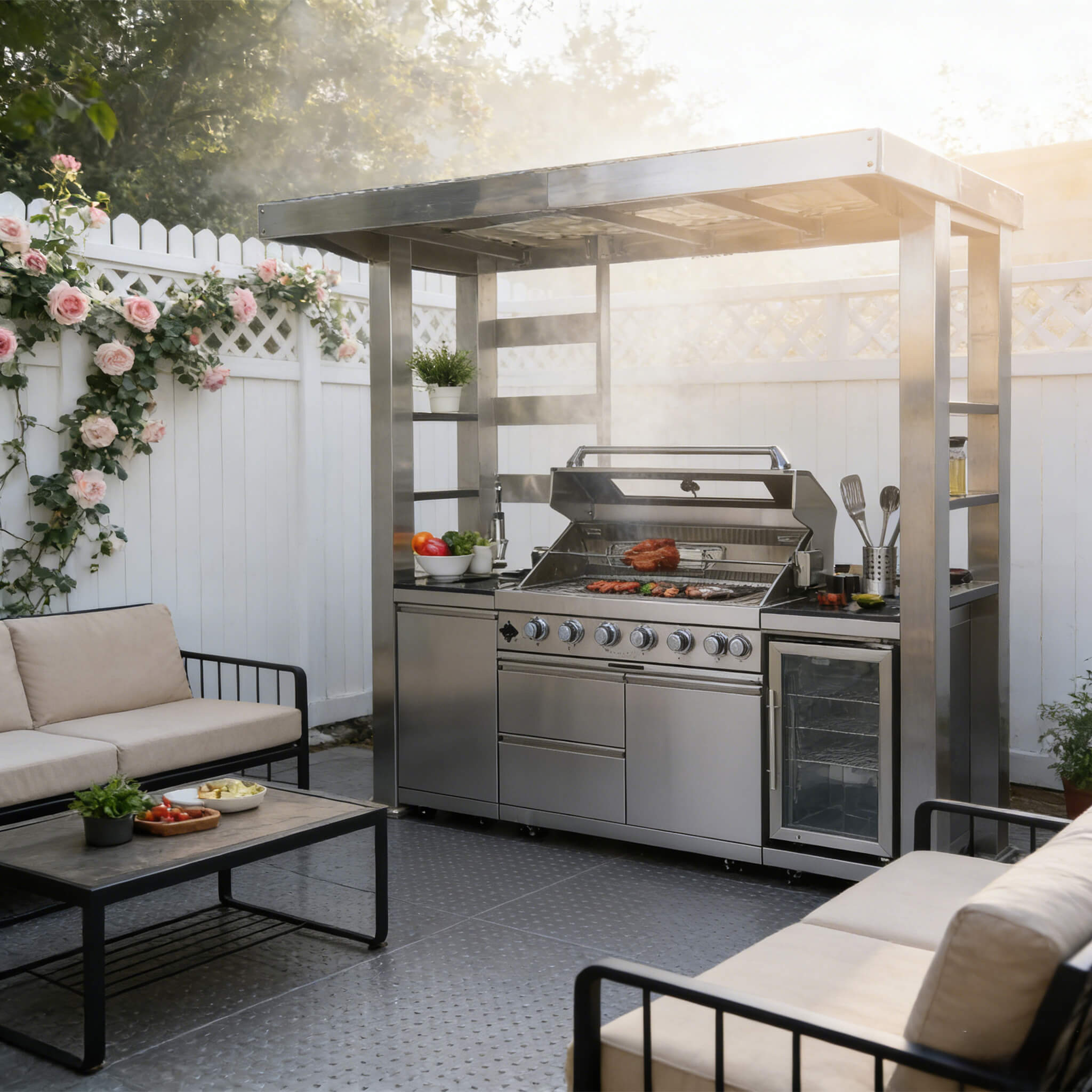Astoria 94-Inch 6-Burner 85K BTU Outdoor Kitchen Grill Island With Wine Cooler, Rotisserie, Cabinets, And Granite Countertops