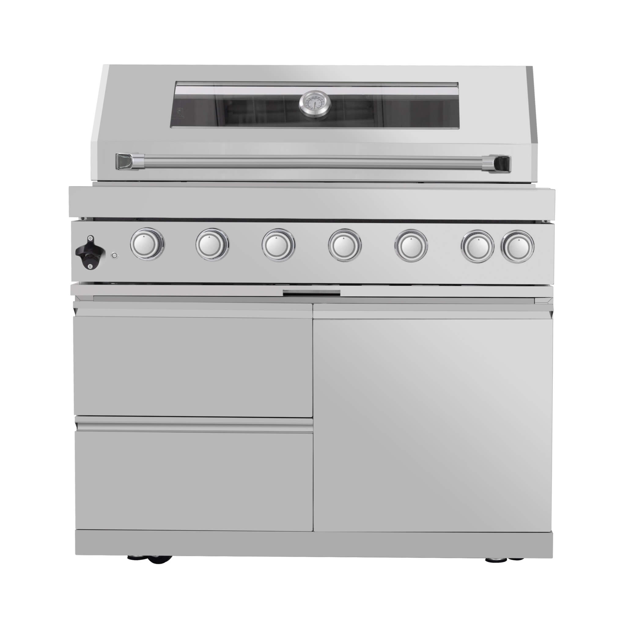 Astoria 94-Inch 6-Burner 85K BTU Outdoor Kitchen Grill Island With Wine Cooler, Rotisserie, Cabinets, And Granite Countertops