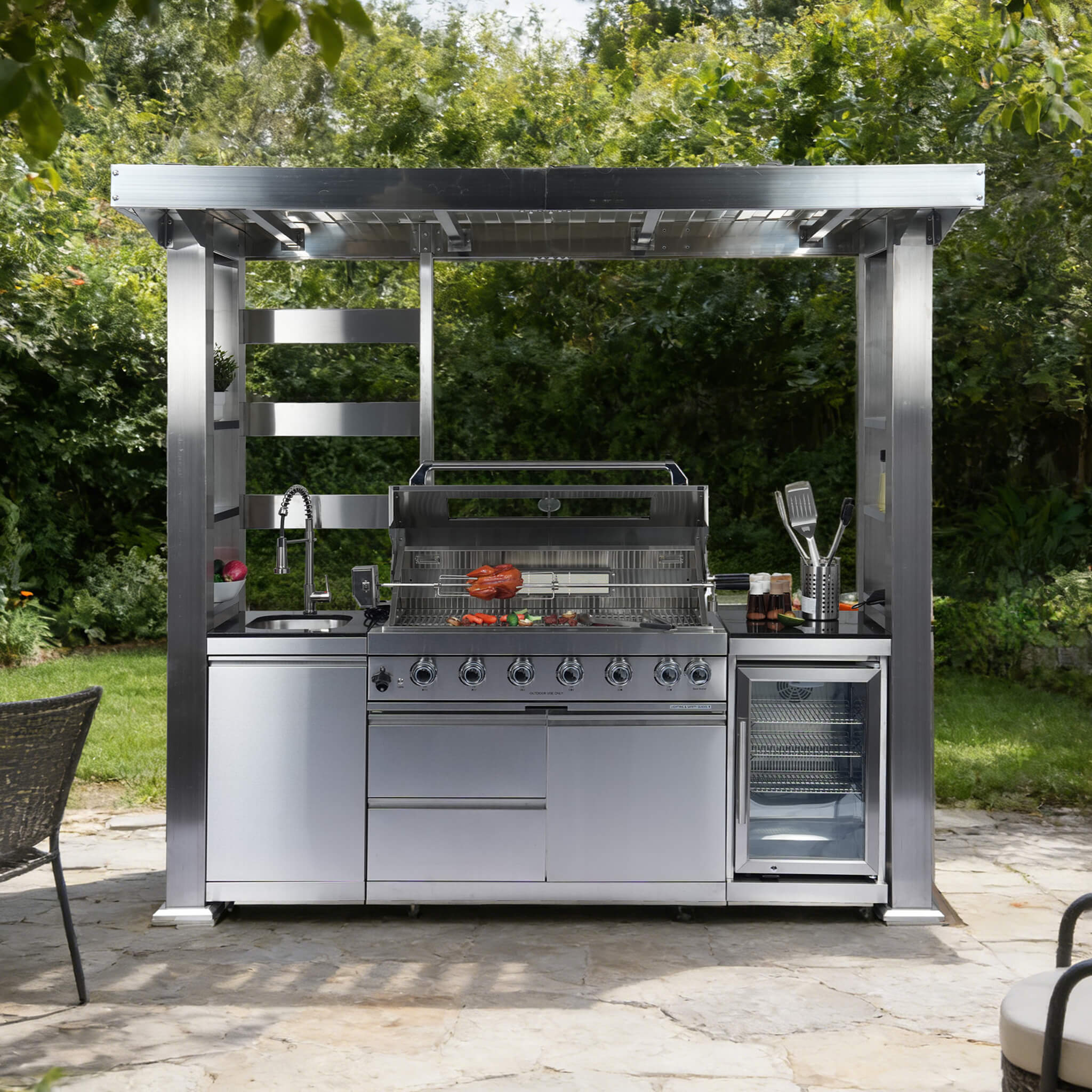 Astoria 94-Inch 6-Burner 85K BTU Outdoor Kitchen Grill Island With Wine Cooler, Rotisserie, Cabinets, And Granite Countertops