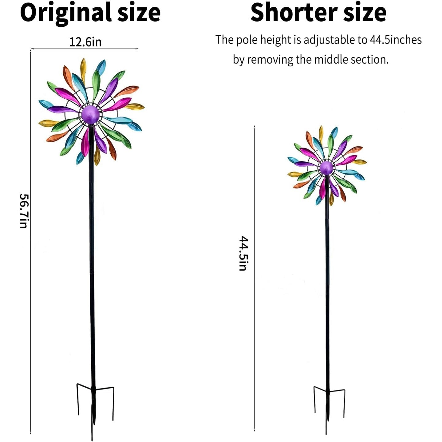 Wind Spinners Outdoor Metal, 360Â° Kinetic Wind Spinner with Stake, Metal Garden Yard Patio Lawn Windmill Decor (12.6" Dia, 56.7" H, Rainbow Petal)