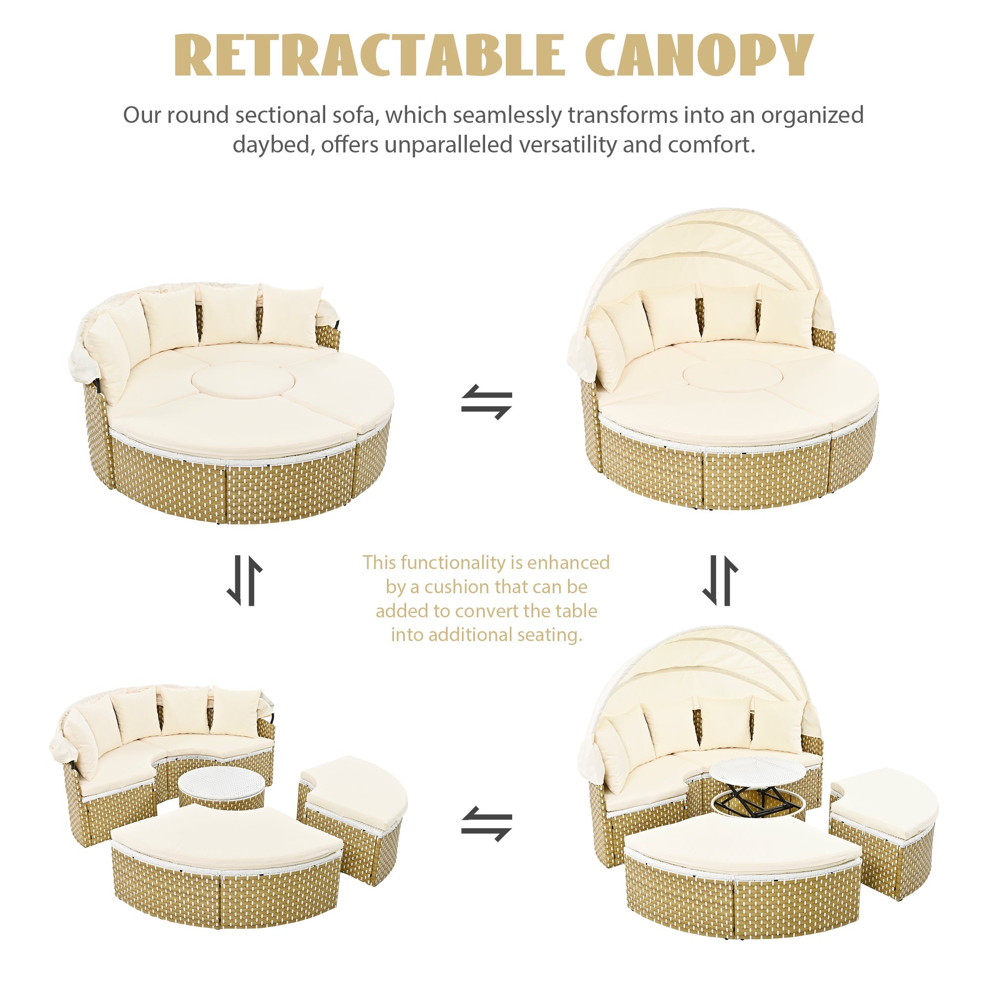 Outdoor Patio Round Rattan Daybed Sectional Beige Retractable Canopy
