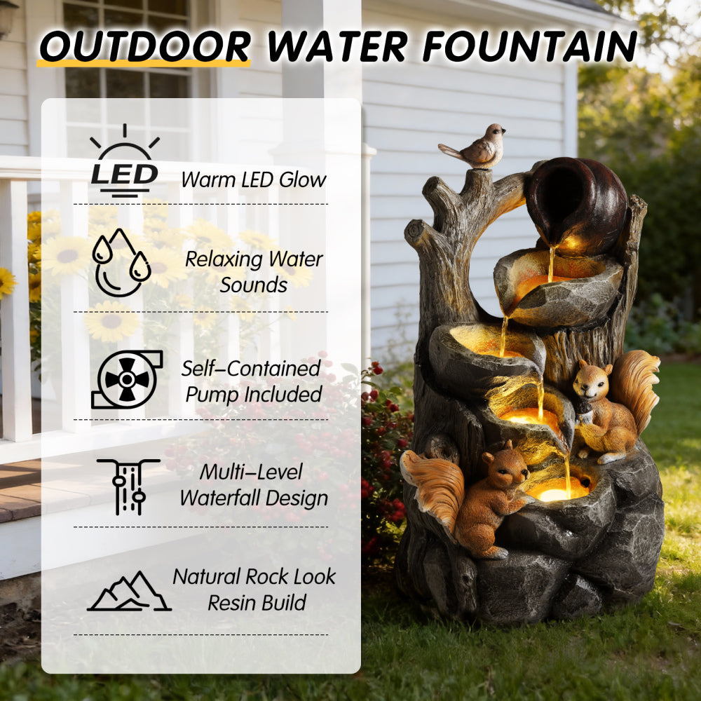 Squirrel Outdoor Water Fountain with LED Lights