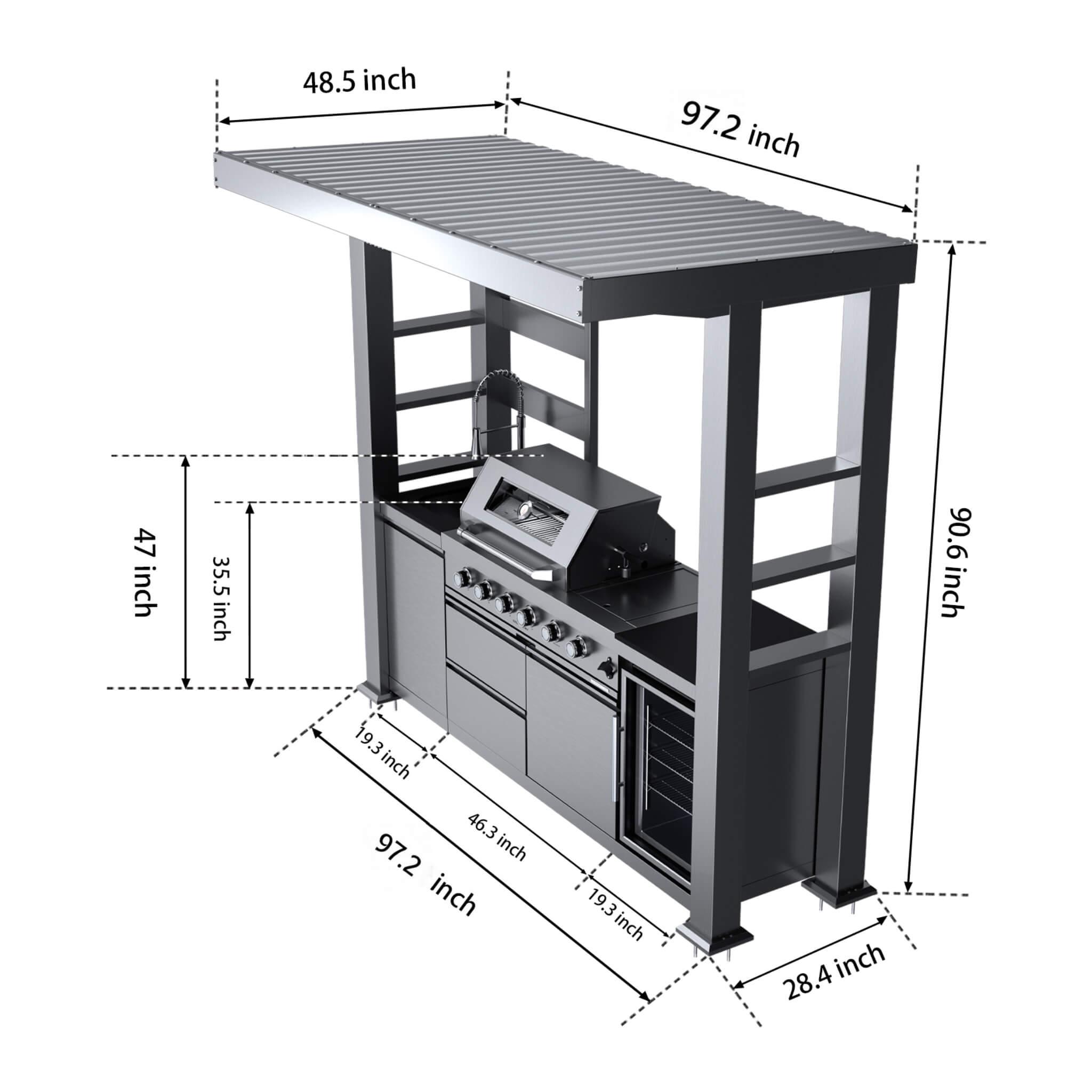 The Amalfi 97-Inch 4-Burner 72K BTU LP Outdoor Kitchen Grill Island With Wine Cooler, Rotisserie, Cabinets, And Granite Countertops