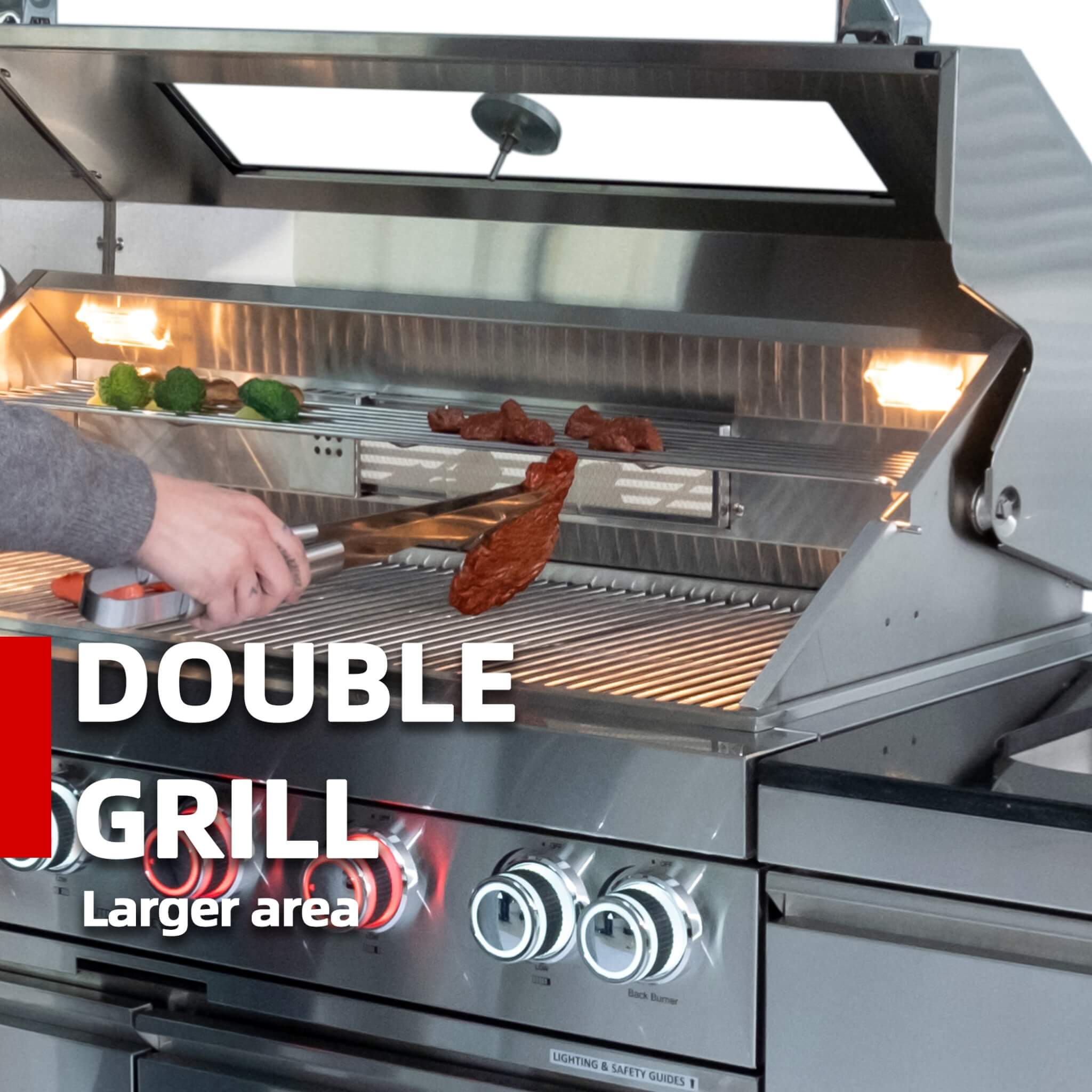 The Amalfi 97-Inch 4-Burner 72K BTU LP Outdoor Kitchen Grill Island With Wine Cooler, Rotisserie, Cabinets, And Granite Countertops