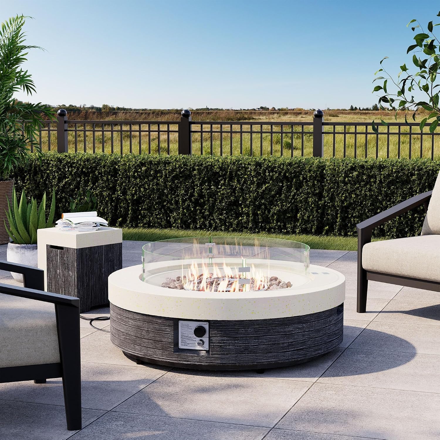 42" Outdoor Propane Fire Pit Table W Tank Cover & Wind Guard, round Gas Fire Pit Table with Concrete & Wood Grain Design, 50000BTU Fire Tables for Patio, Backyard, Garden