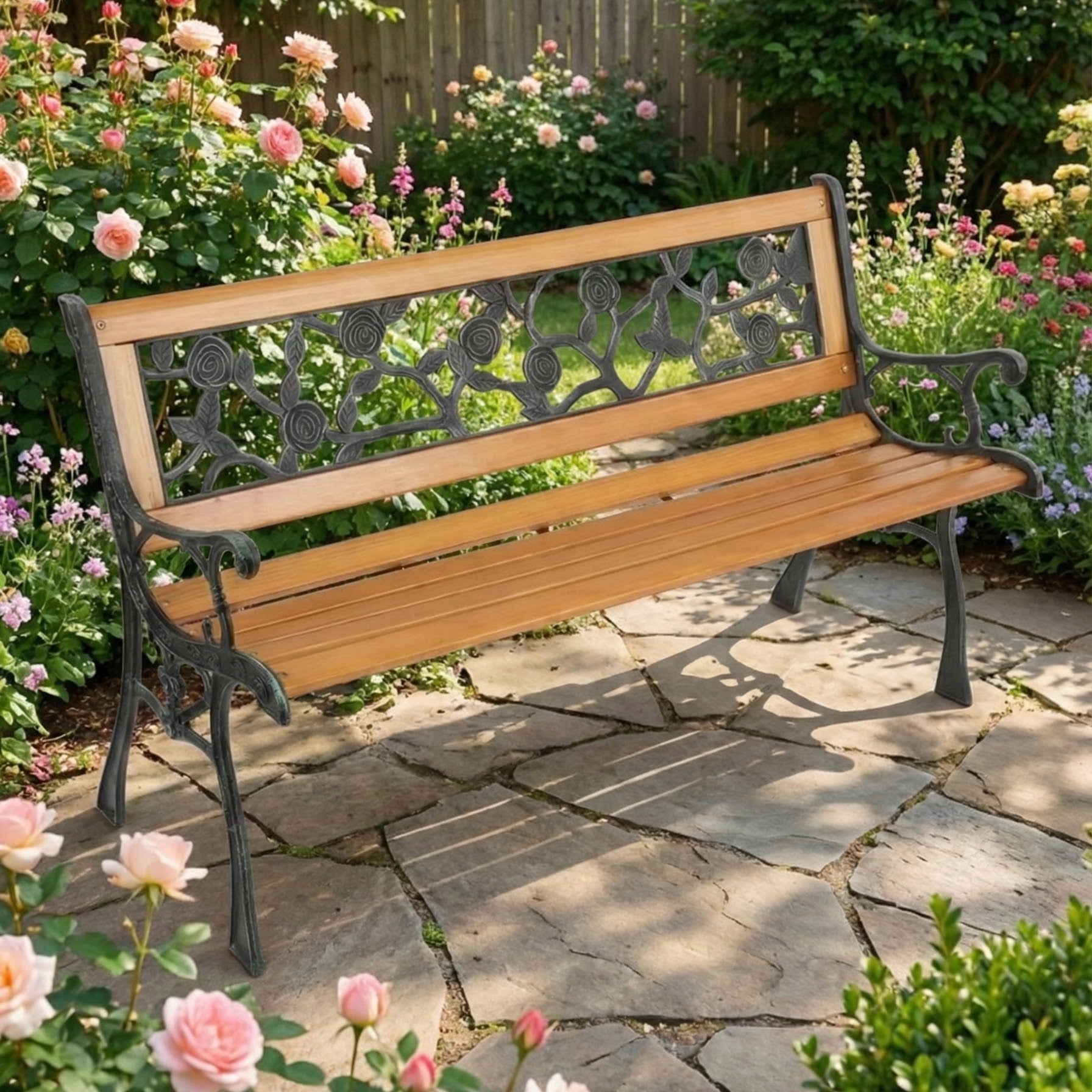 Cast Iron & Wood Outdoor Garden Bench with Ornate Backrest