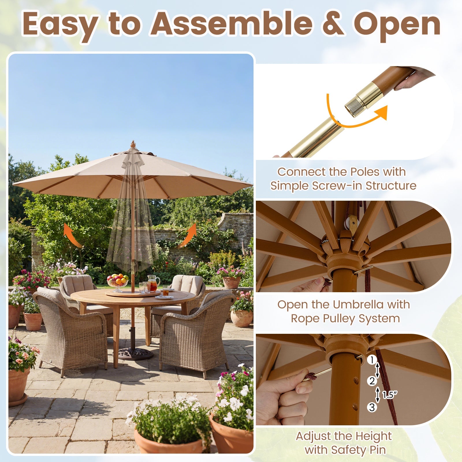 9 FT Patio Umbrella Outdoor Table Market Umbrella with 8 Sturdy Bamboo Ribs