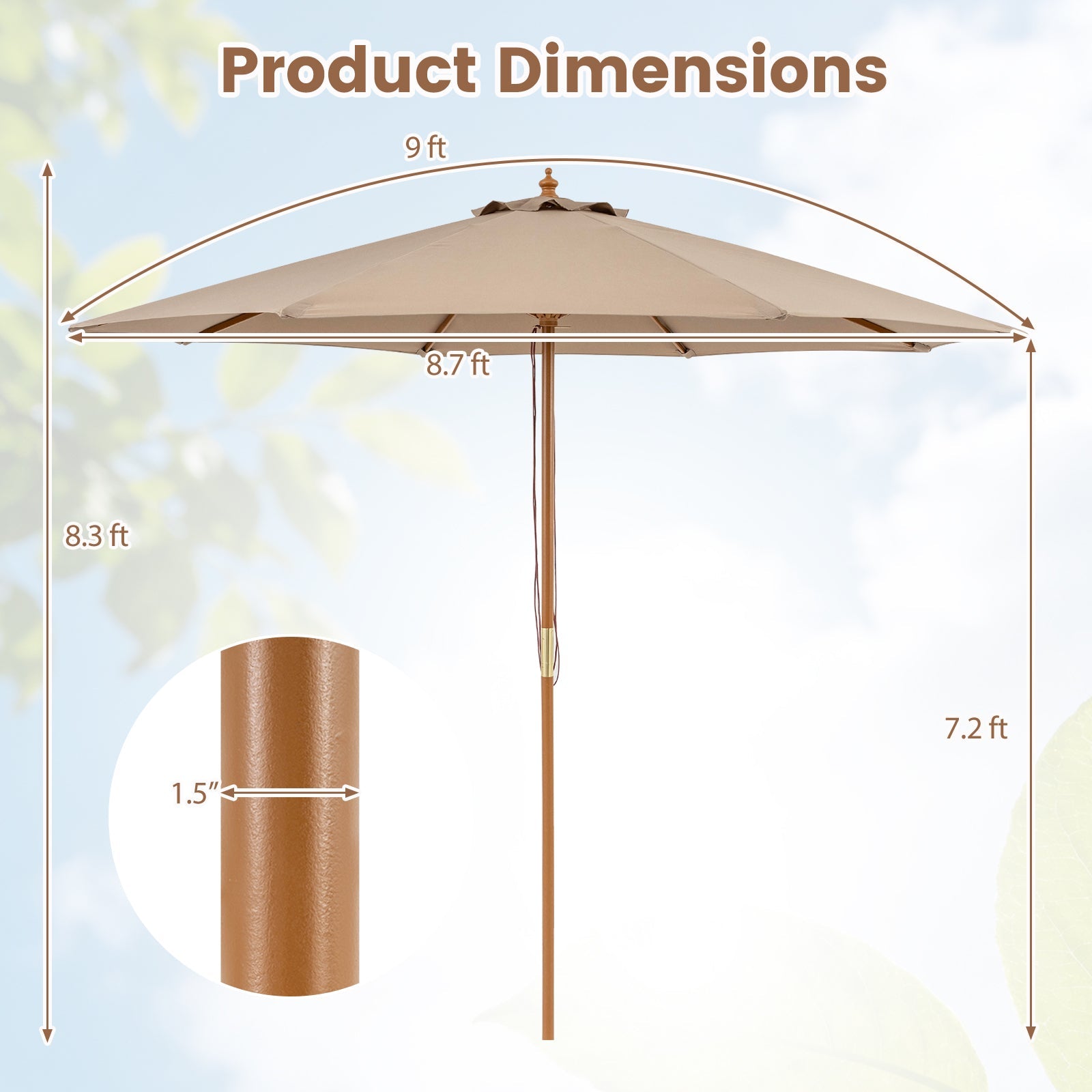 9 FT Patio Umbrella Outdoor Table Market Umbrella with 8 Sturdy Bamboo Ribs