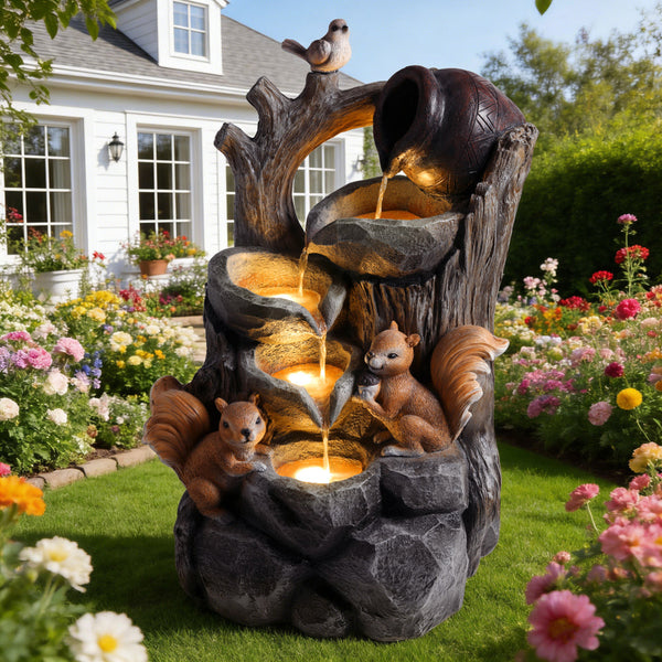 Squirrel Outdoor Water Fountain with LED Lights