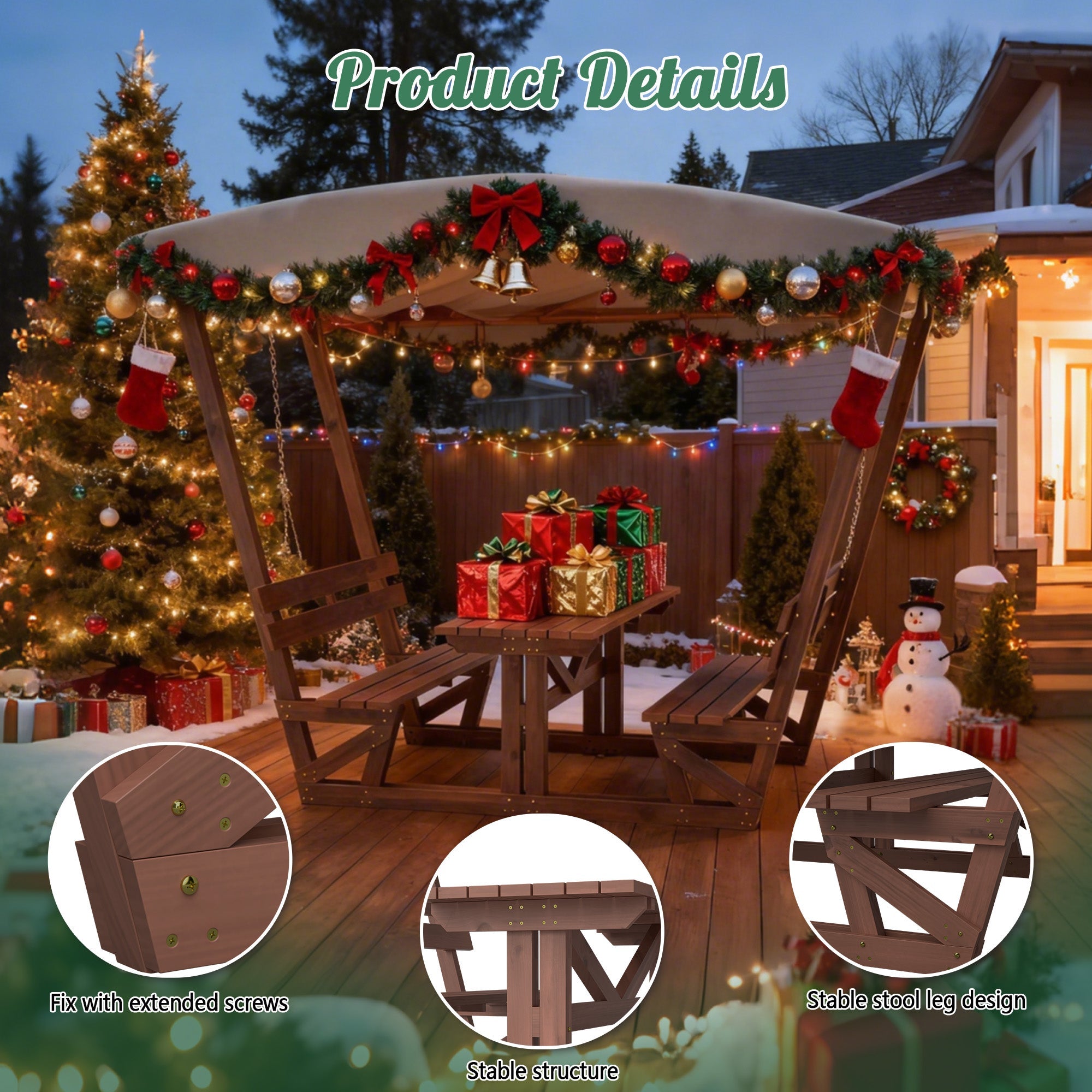 Outdoor Waterproof Solid Wood Picnic Table and Bench Set with Removable Canopy