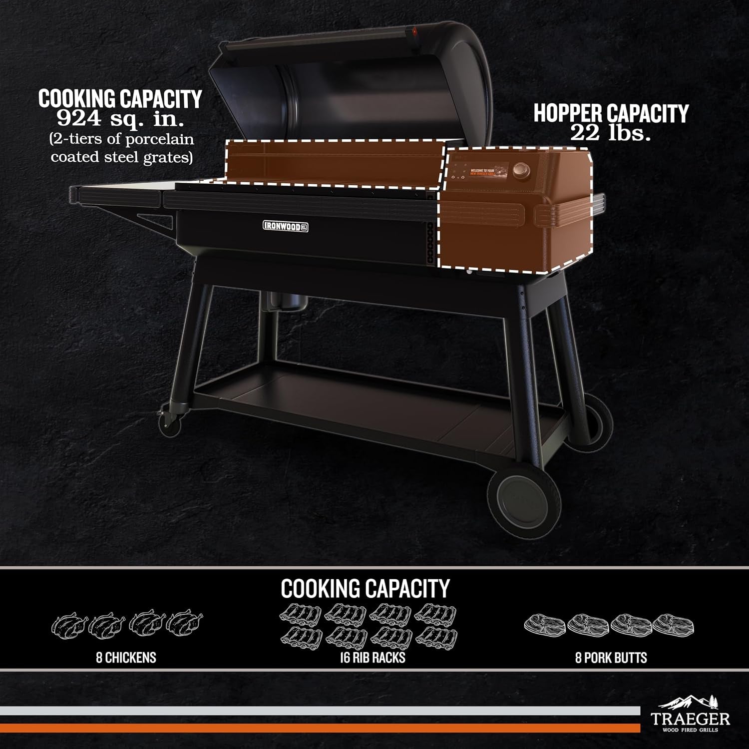 Traeger Ironwood XL Wood Pellet Smoker Grill, 924 Sq in Cooking Area, Wifire Smart Temperature Control, up to 500 Degrees, Super Smoke Mode, 6 in 1 Outdoor BBQ Electric Smoker and Grill