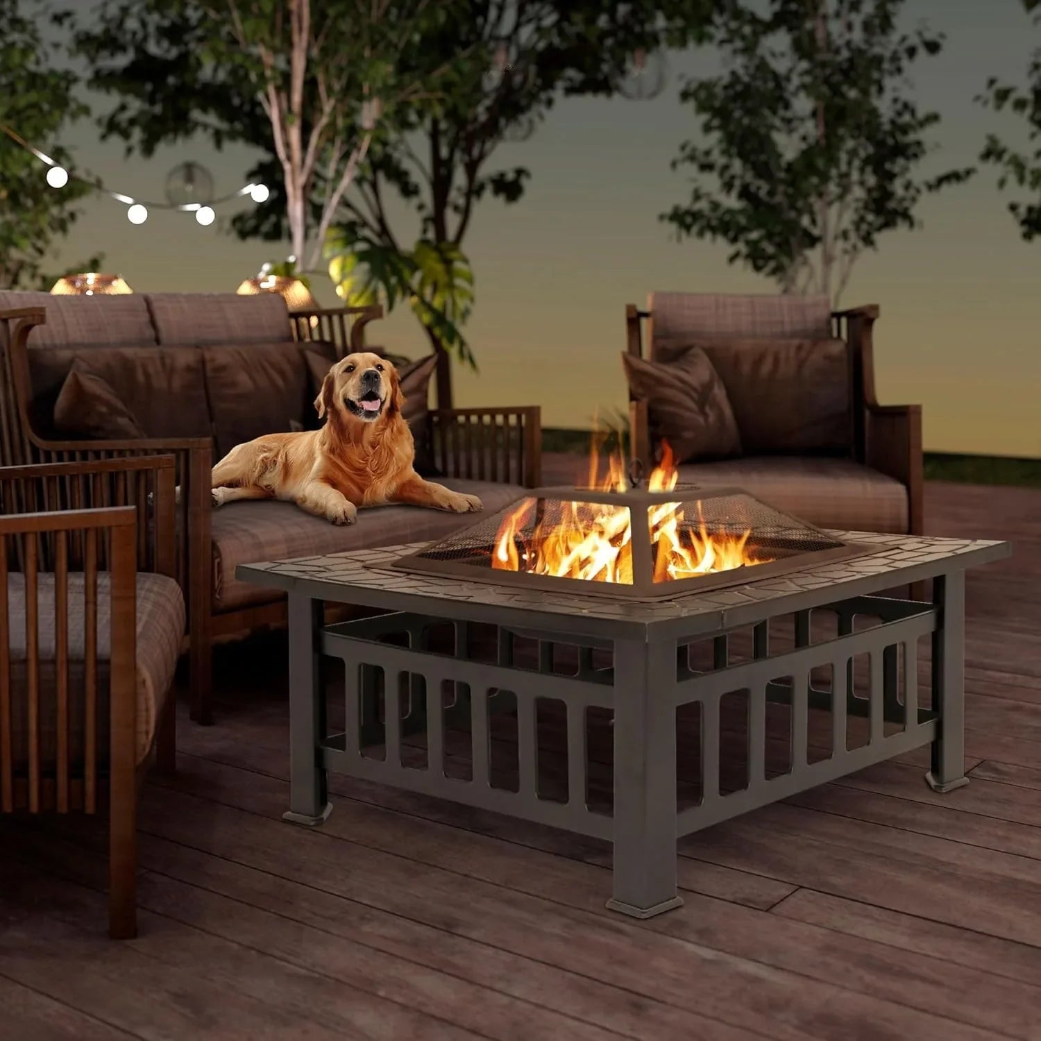 32 Inch Outdoor Fire Pit with Spark Screen Lid and Waterproof Cover