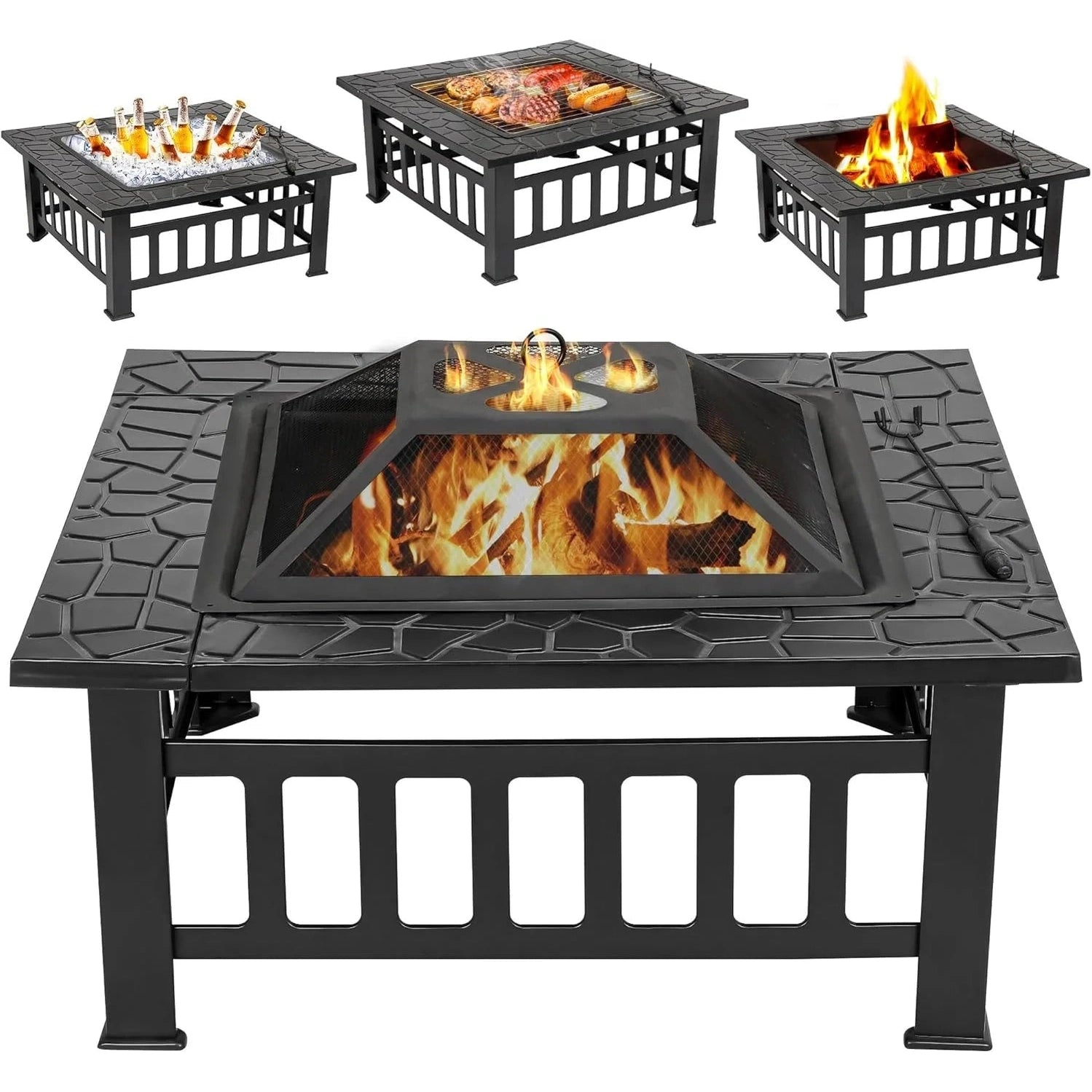 32 Inch Outdoor Fire Pit with Spark Screen Lid and Waterproof Cover