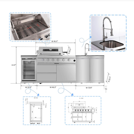 BBQ Island Outdoor Kitchen Kits, 4-Burner 72000 BTU Stainless Steel Modular 98 Inch Natural Gas
