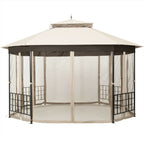Outdoor 10 x 12 Ft Octagon Gazebo with Mosquito Net Sidewalls and Beige Canopy