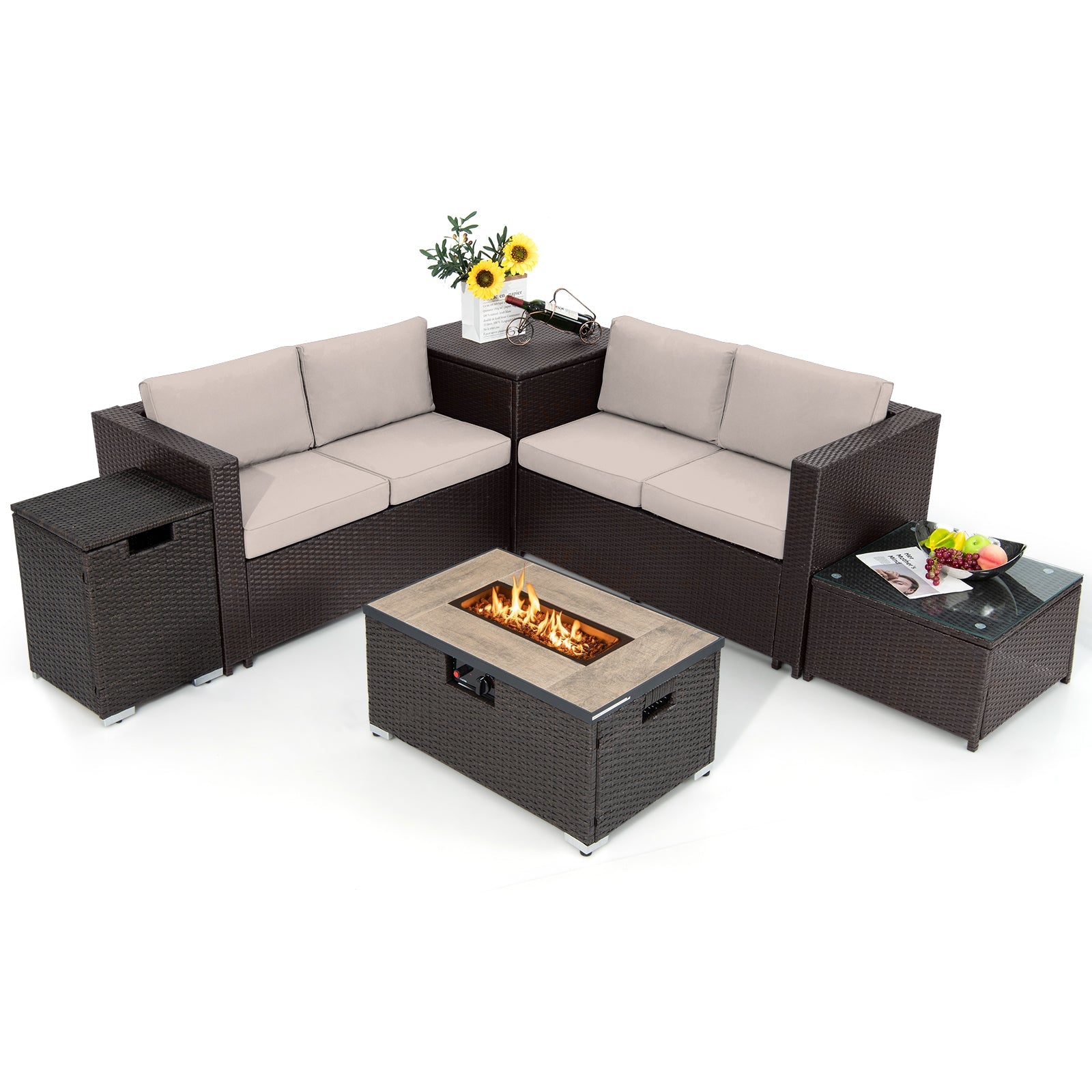 6 Pieces Outdoor Wicker Furniture Set with 32 Inch Propane Fire Pit Table